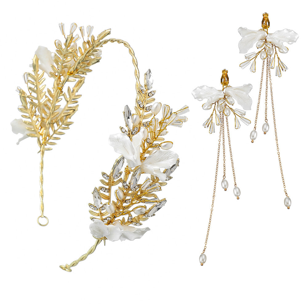 CFG Korean Bridal Accessories Wedding Dress Crystal Head Flower Alloy Earrings Crown Exquisite Dress Pearl Earrings Headband Set