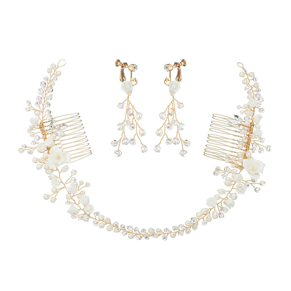 CFQ Korean beautiful plug comb creative bridal jewelry handmade pearl earrings soft pottery flower pair comb wedding dress disc hair headdress