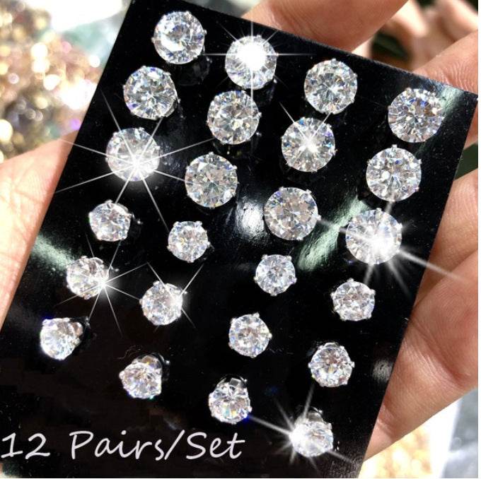 CED ear inlay crystal zirconium six-claw 12 pairs of stud earrings set earrings - WhosaleJewelry