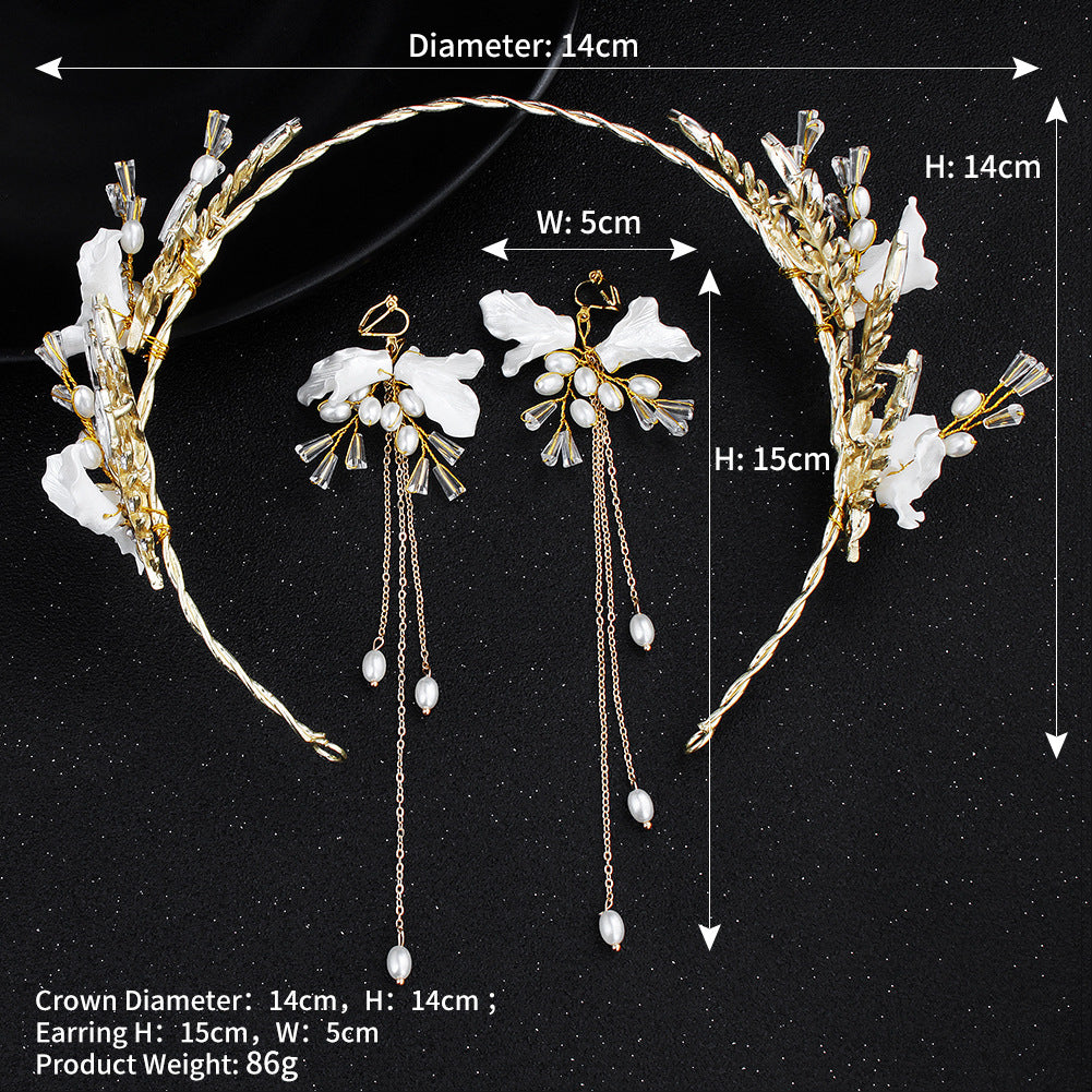 CFG Korean Bridal Accessories Wedding Dress Crystal Head Flower Alloy Earrings Crown Exquisite Dress Pearl Earrings Headband Set