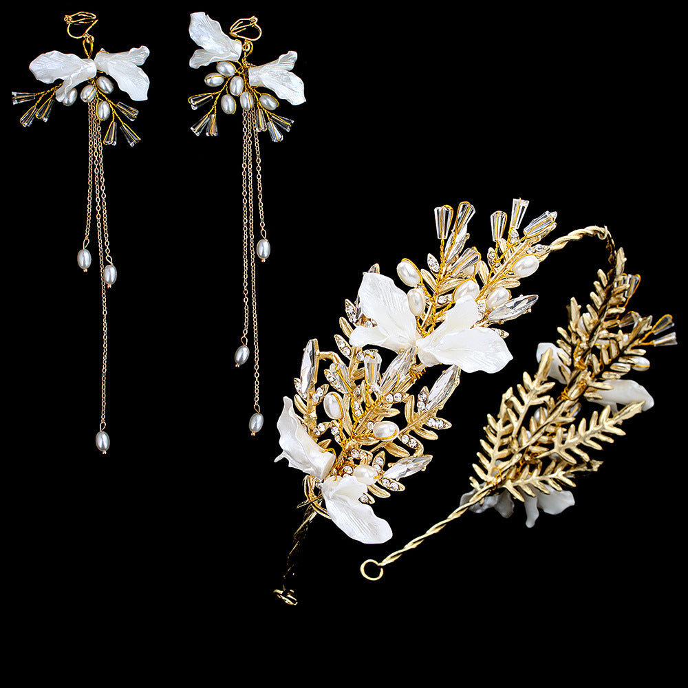 CFG Korean Bridal Accessories Wedding Dress Crystal Head Flower Alloy Earrings Crown Exquisite Dress Pearl Earrings Headband Set
