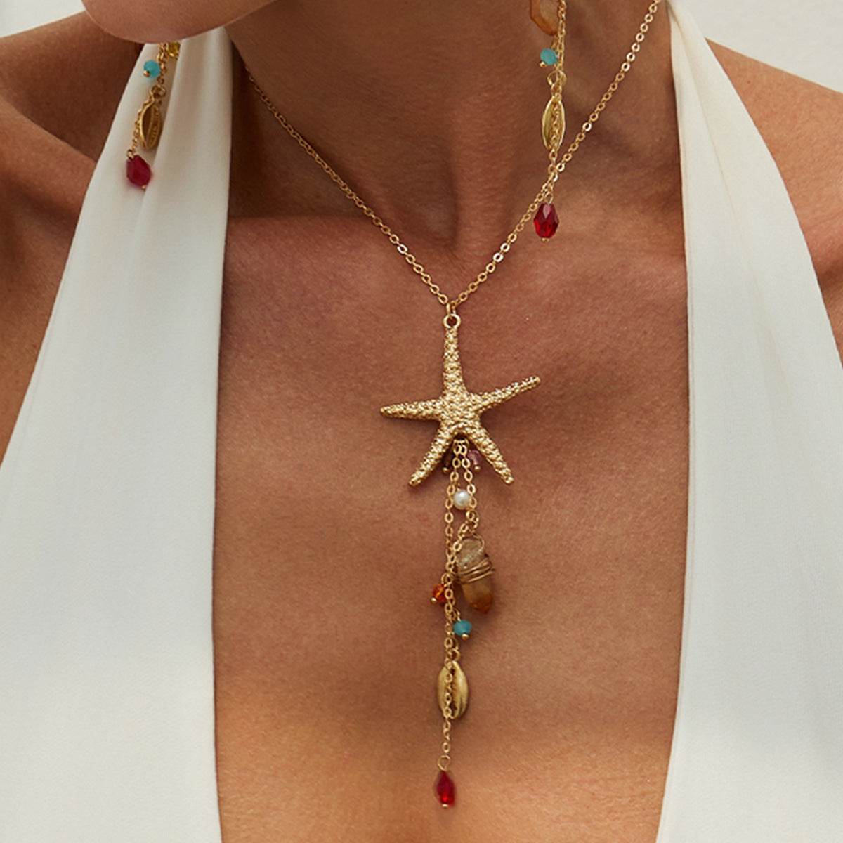 CEH Ocean Wind Metal Starfish Shell Necklace, Bohemian Irregular Crystal Pendant Necklace - WhosaleJewelry
