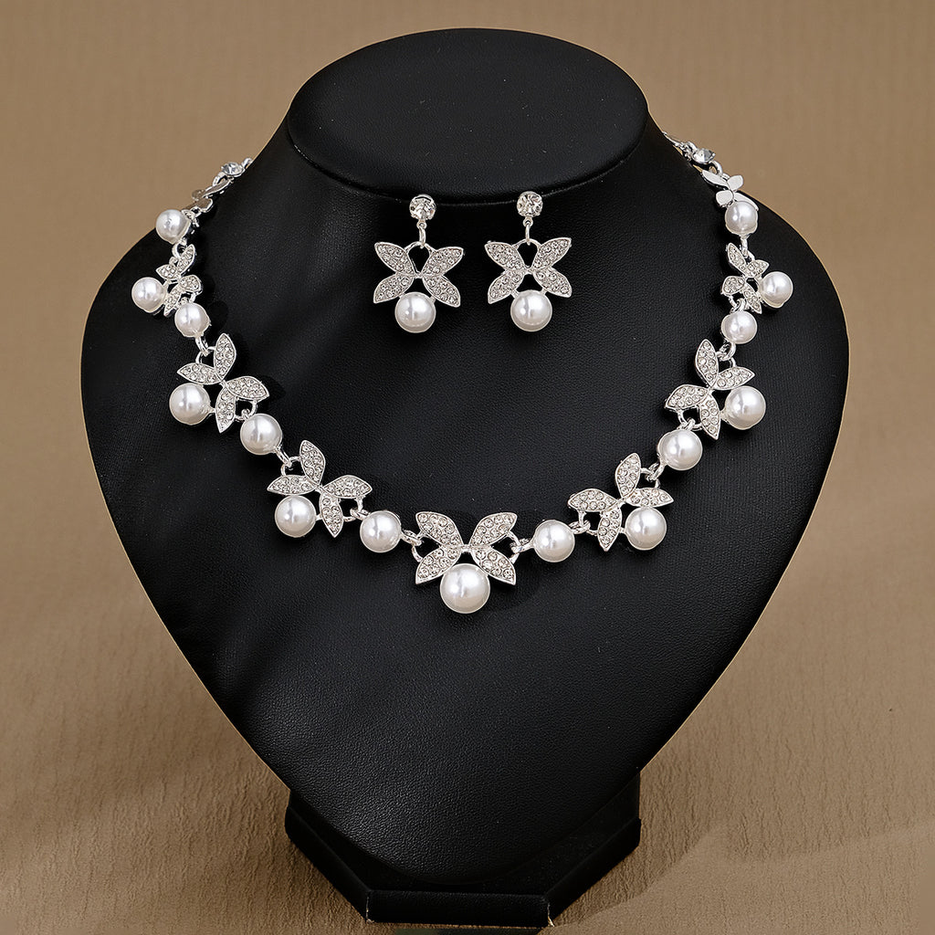 CTZ Bridal Wedding Jewelry Two-piece Wedding Dress Accessories Rhinestone Pearl Earrings Necklace Set Women