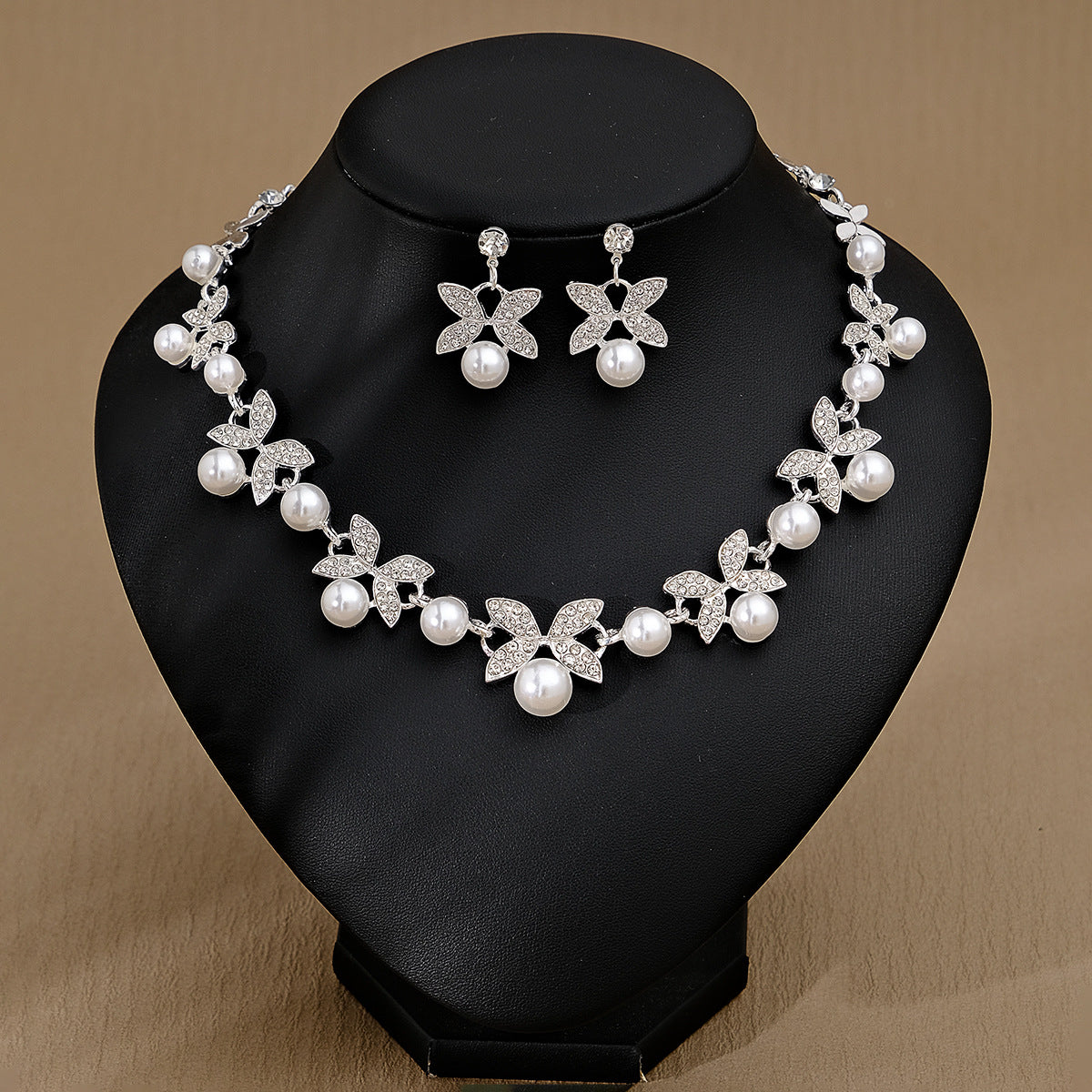 CTZ Bridal Wedding Jewelry Two-piece Wedding Dress Accessories Rhinestone Pearl Earrings Necklace Set Women