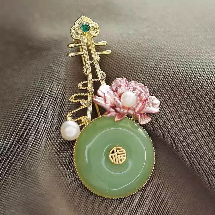 CXZ new national style peony pipa brooch high-end femininity pearl blessing jade corsage ancient style creative pin with jewelry - WhosaleJewelry