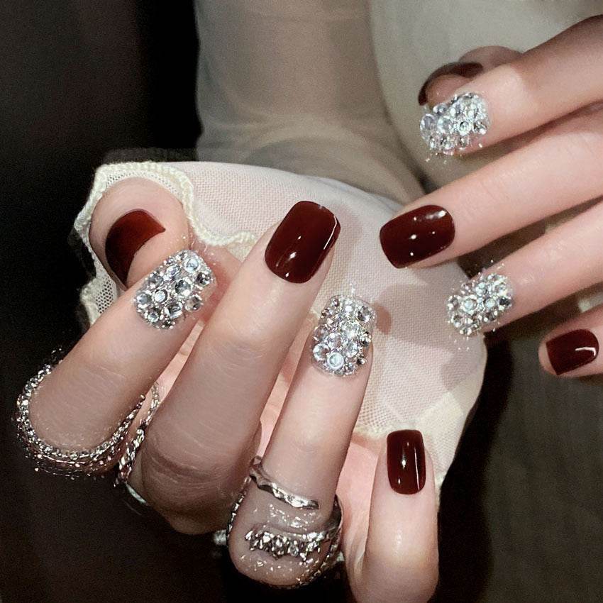 CMJ Wear Nail Temperament Bridal Nail Art Premium Burgundy New Year's Flash False Nail Patch Nail Patch Q33 - WhosaleJewelry