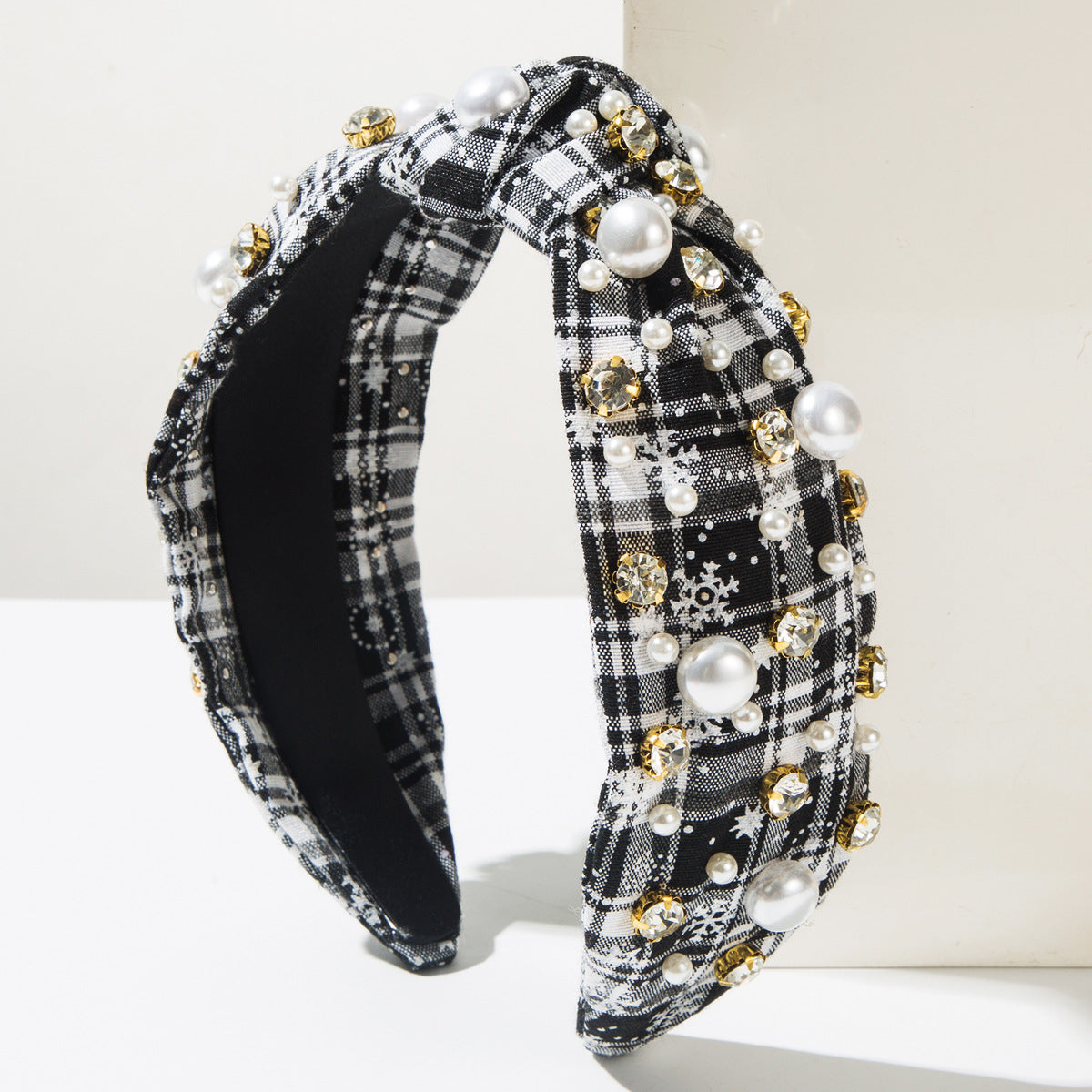 CFG Christmas Day series headband creative snowflake color matching plaid fabric diamond-encrusted pearl knotted wide edge headband