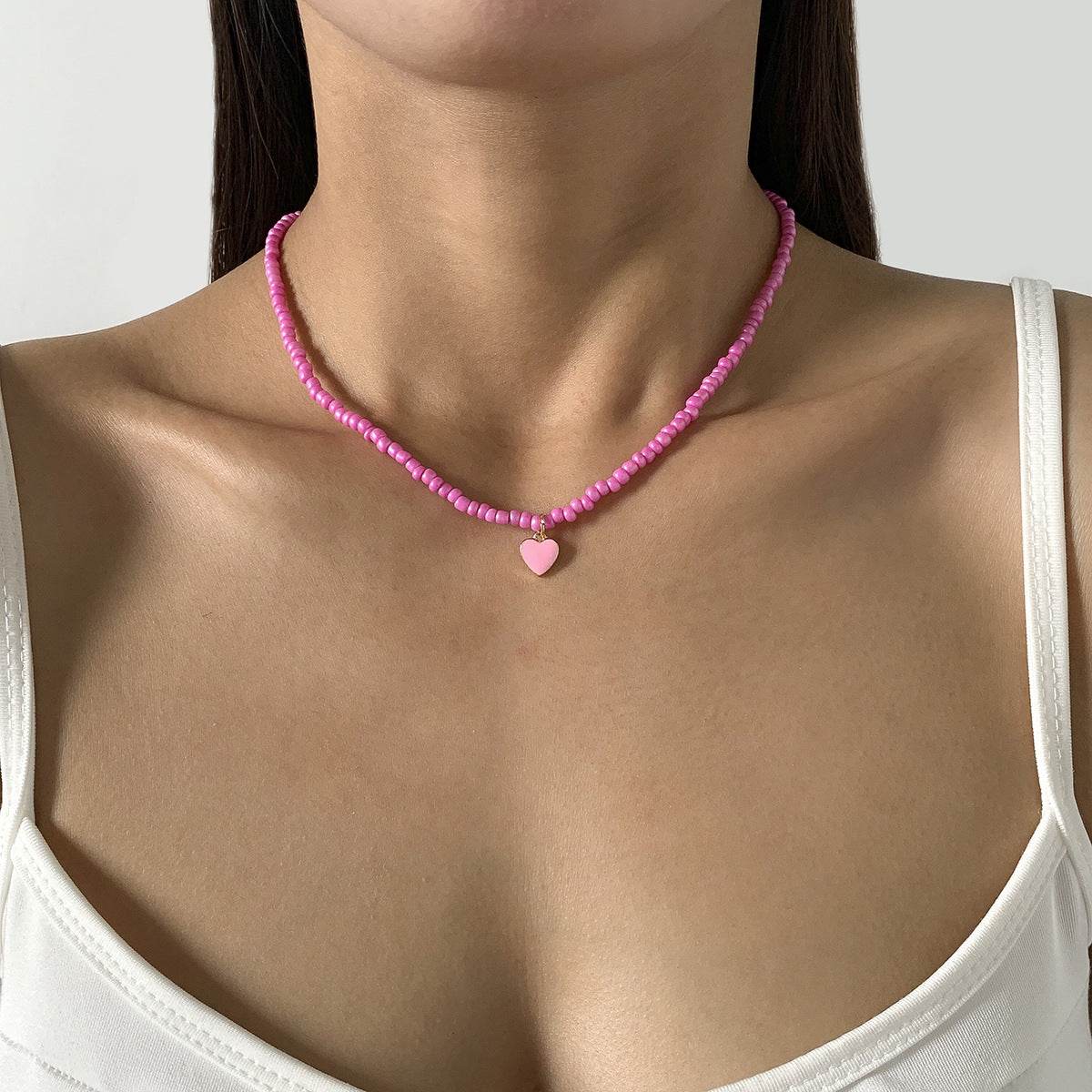 CST retro colored rice bead beaded necklace women can wear sweet and cool wind dripping oil heart pendant collarbone necklace - WhosaleJewelry
