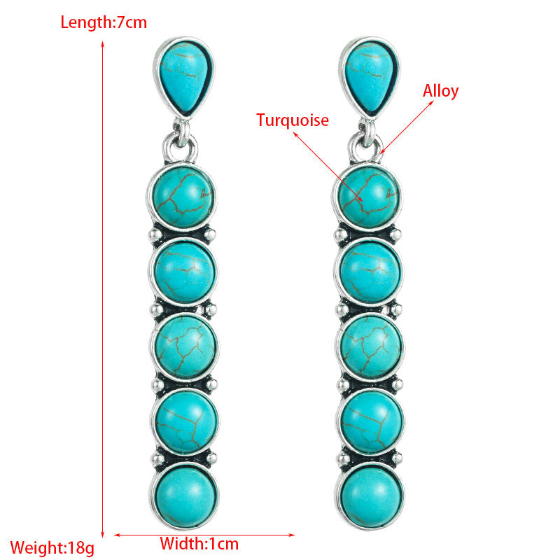 CEH Hot Sale Turquoise Earrings Women's Ethnic Style Ancient Silver Round Stone Creative Long Banquet Earrings