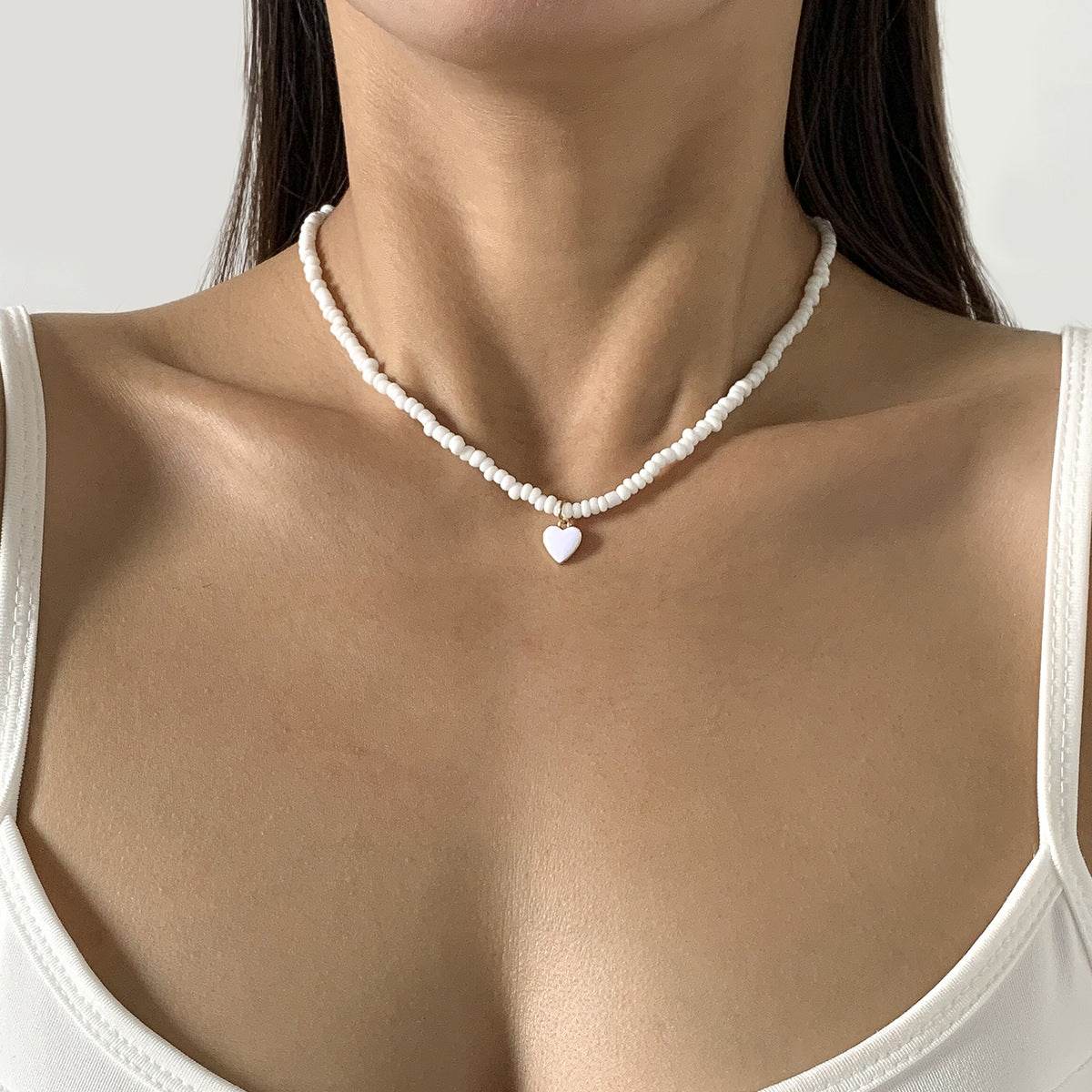 CST retro colored rice bead beaded necklace women can wear sweet and cool wind dripping oil heart pendant collarbone necklace - WhosaleJewelry