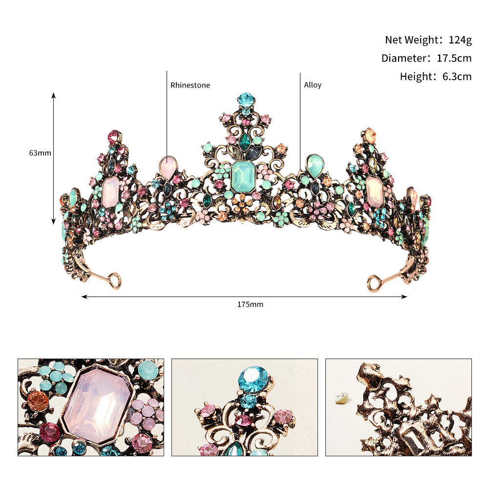 CFG King Crown Court Vintage Colored Gemstones Headwear Halloween Masquerade Alloy Crown