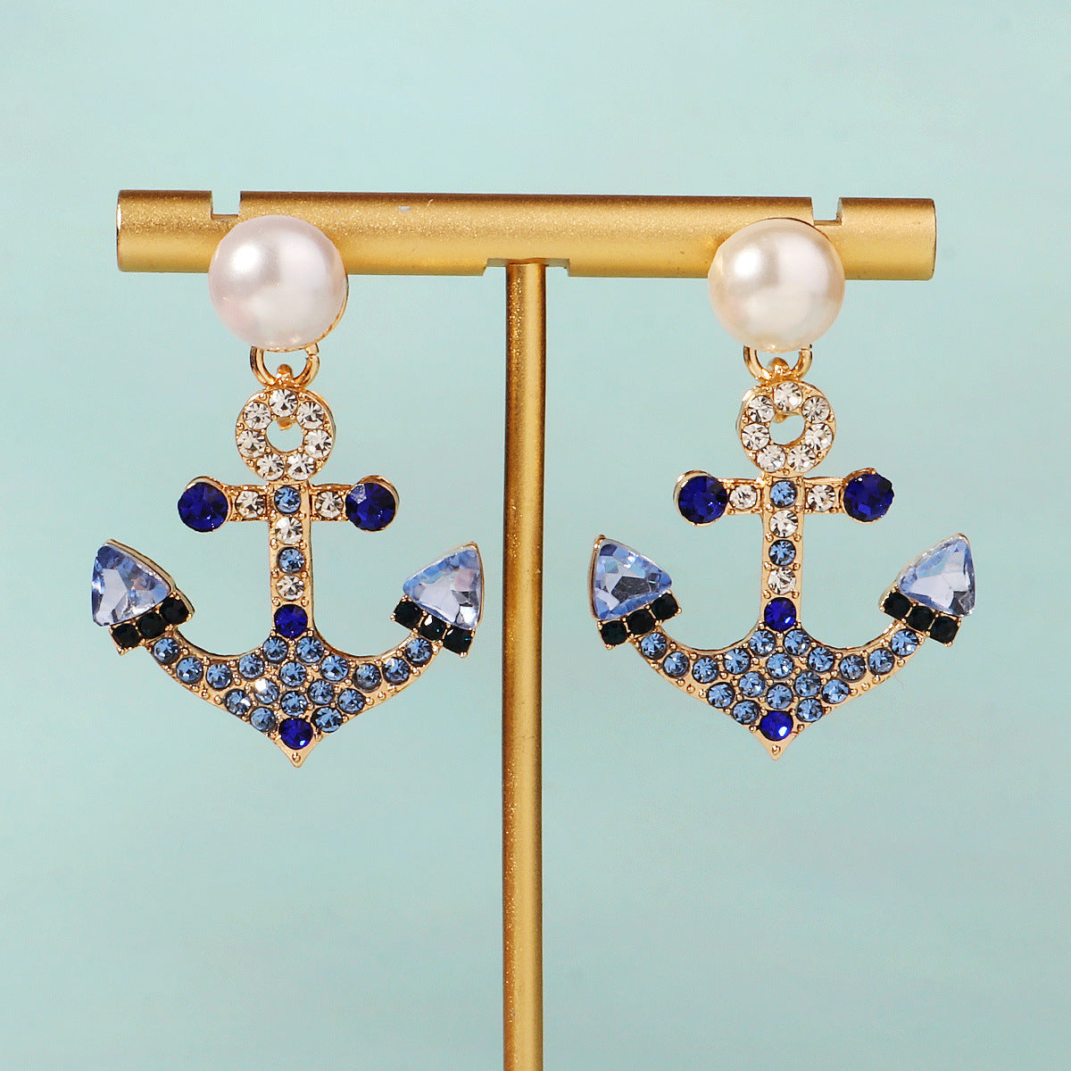 CEH Fashion Earrings Ocean Wind Blue Rhinestone Bridal Earrings Personality Versatile Anchor Earrings Women