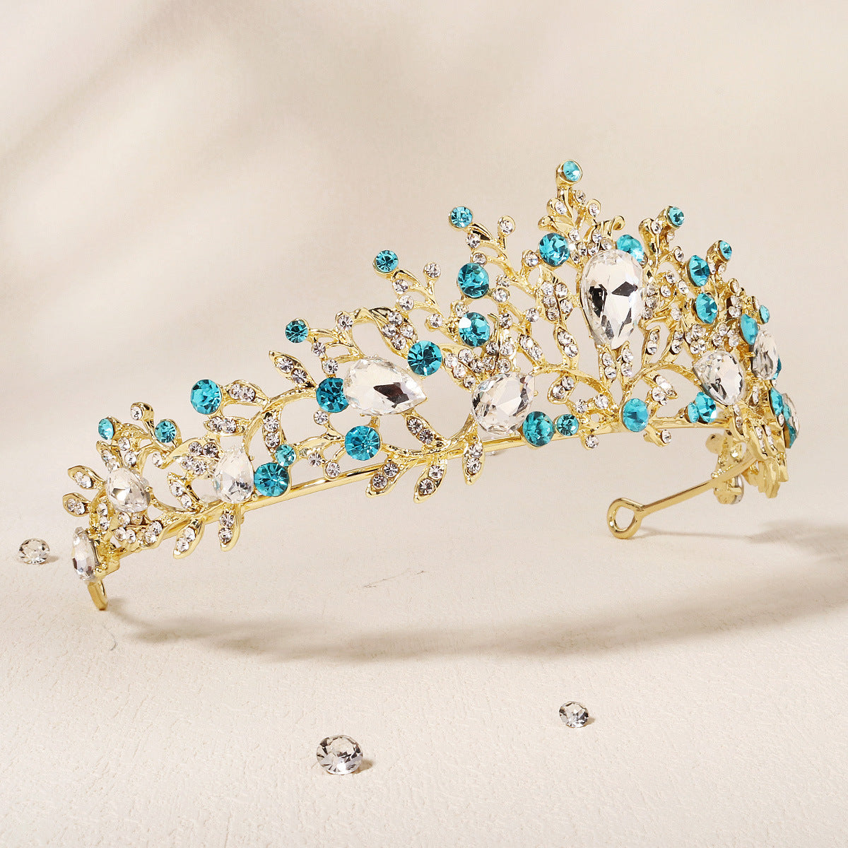 CFG Blue Crystal Princess Crown Vintage Court Style Headwear Party Birthday Ball Earrings Crown Set