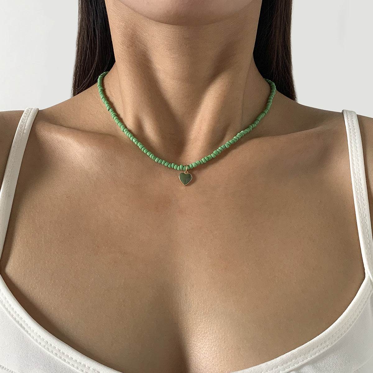 CST retro colored rice bead beaded necklace women can wear sweet and cool wind dripping oil heart pendant collarbone necklace - WhosaleJewelry