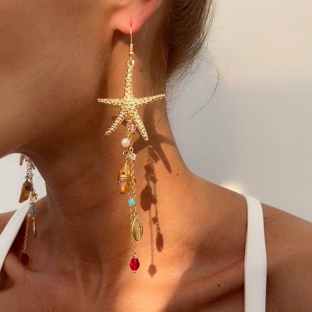 CEH Ocean Wind Metal Starfish Shell Necklace, Bohemian Irregular Crystal Pendant Necklace - WhosaleJewelry