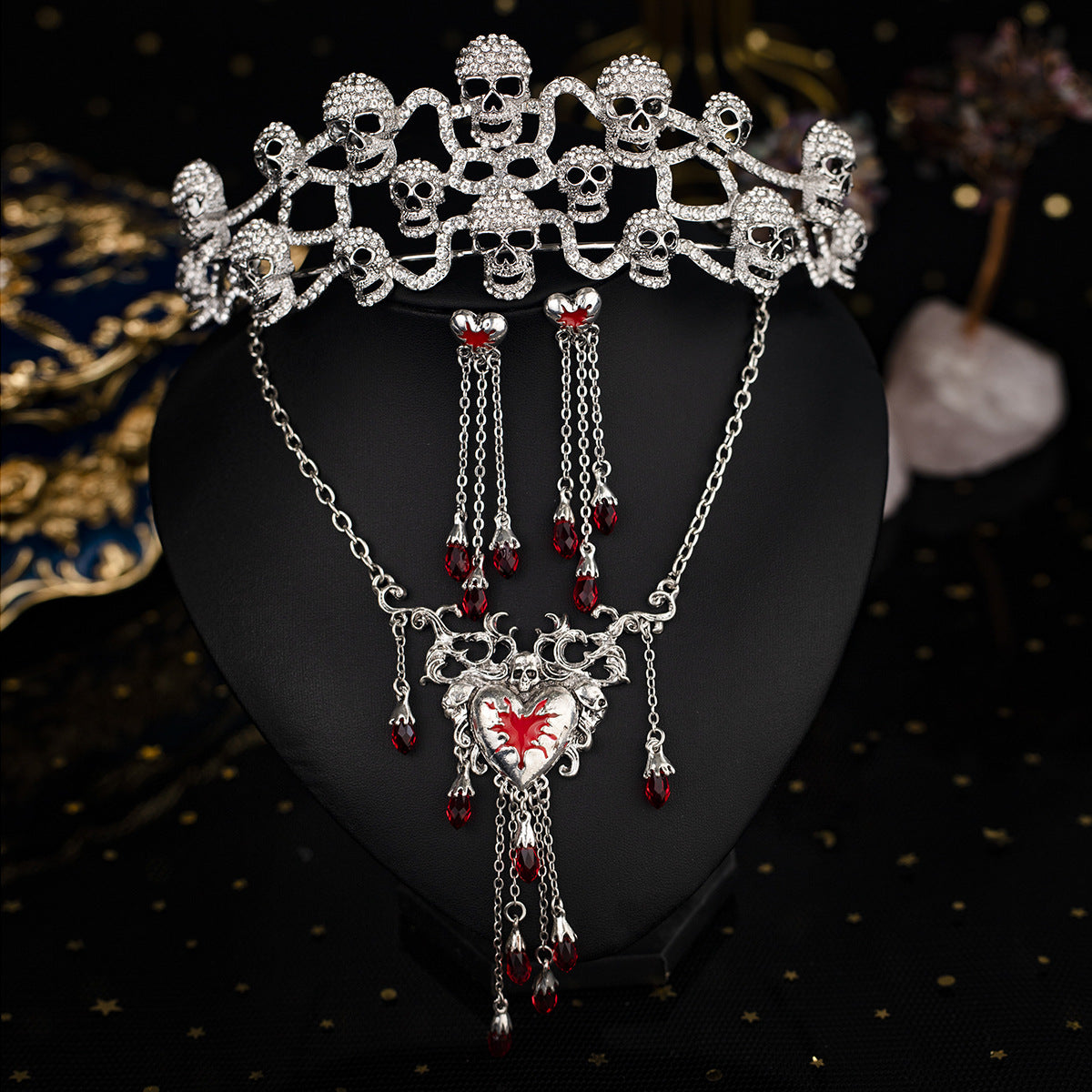CFG Halloween Crown Set Exaggerated Red Love Rhinestone Fringed Earrings Necklace Three-piece Set