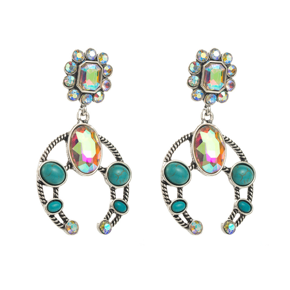 CEH Vintage Turquoise Geometric Earrings Alloy Inlaid Turquoise Diamonds Multi-Layer Bohemian Temperament Earrings