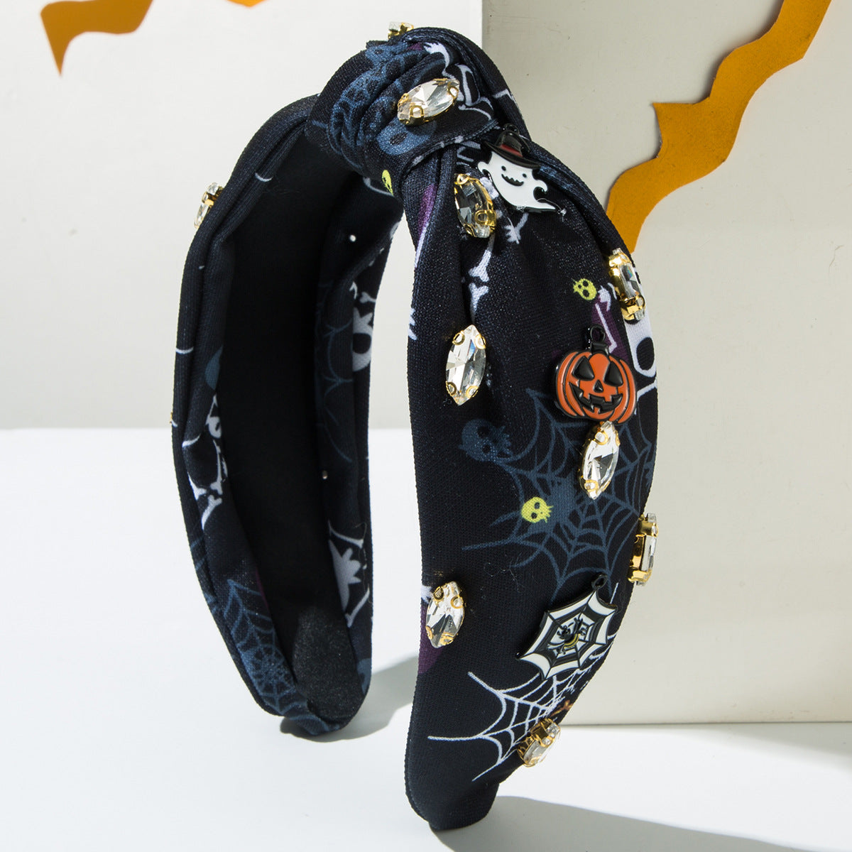CFG Halloween Printed Spider Web Fabric Hair Accessories Diamond Sticky Pumpkin Demon Accessories Fashion Holiday Headband Women