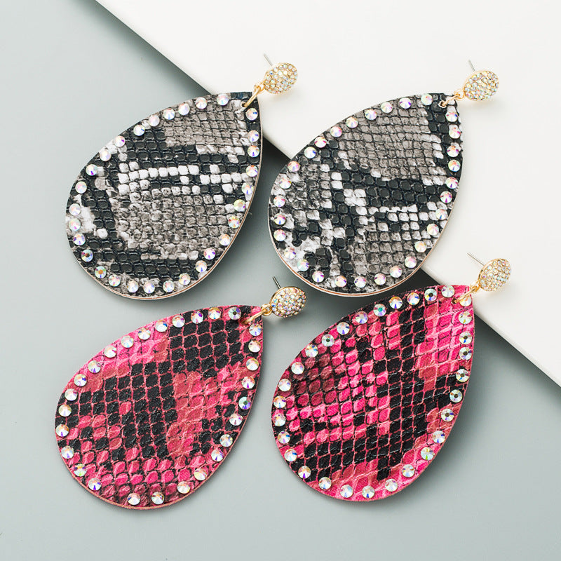 CEH personality exaggerated water drop-shaped double-sided printing PU leather snakeskin pattern diamond-encrusted earrings women's long earrings