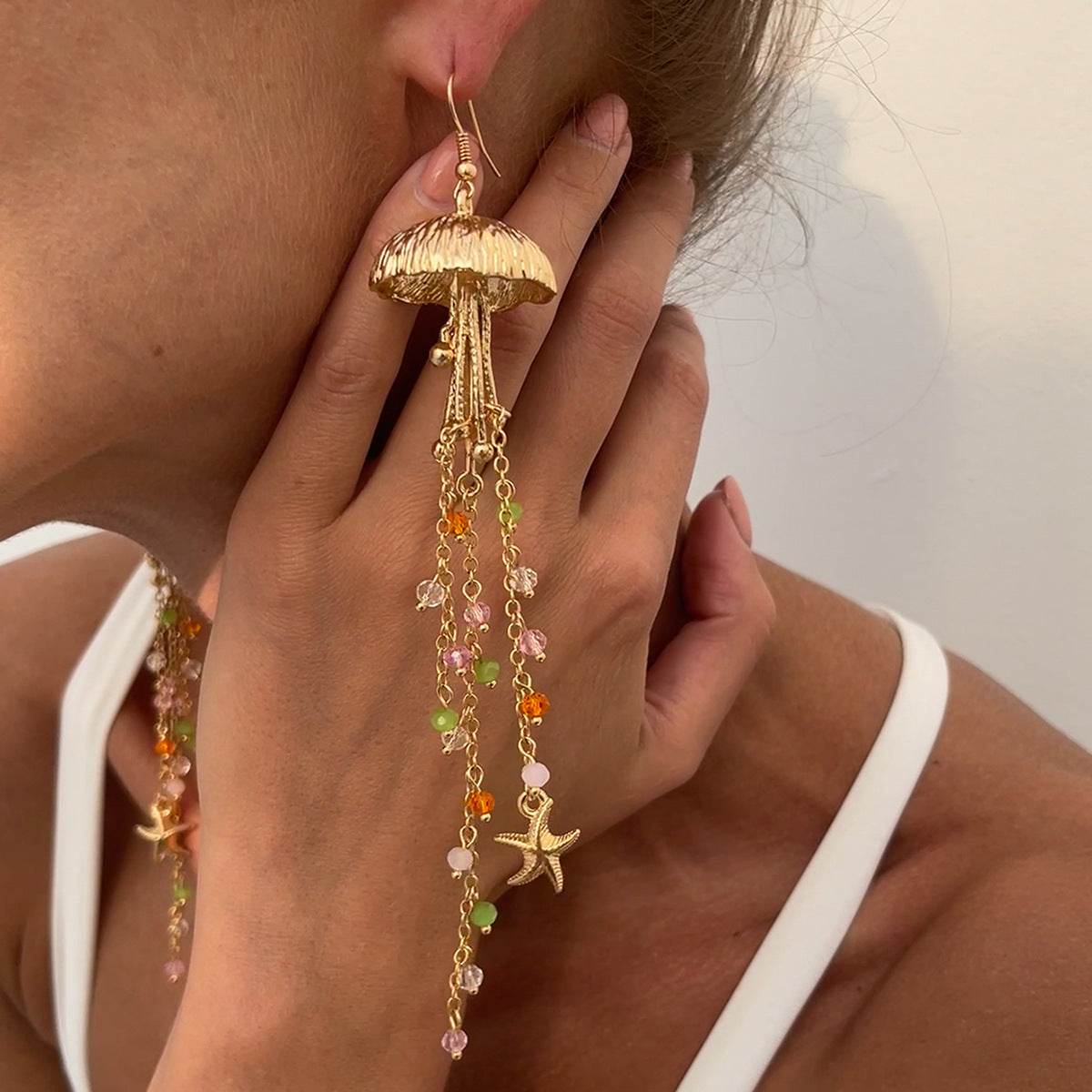 CEH Ocean Wind Metal Starfish Shell Necklace, Bohemian Irregular Crystal Pendant Necklace - WhosaleJewelry