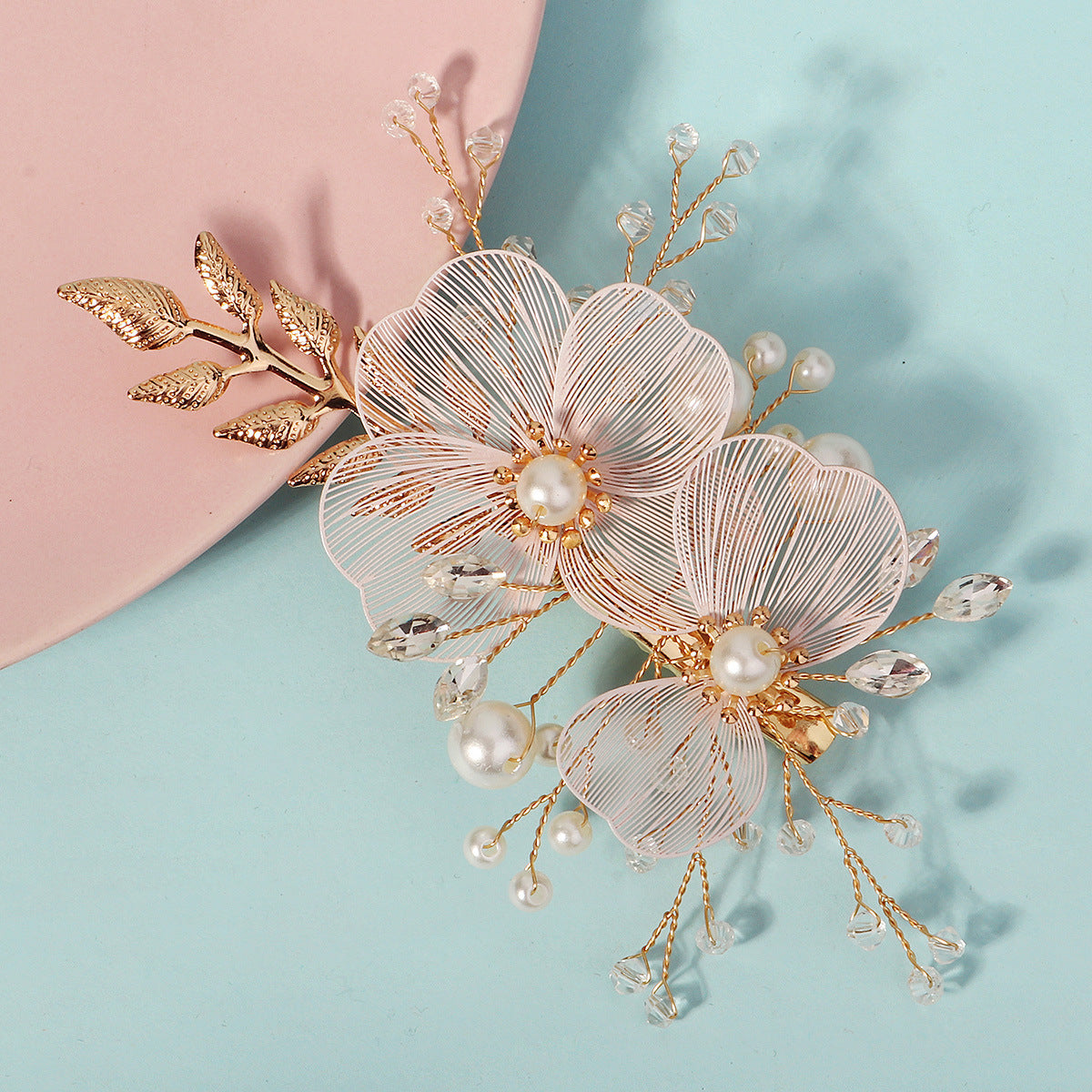 CFS handmade pearl headband Korean beautiful gold silk petal hair accessories set bridal wedding headgear Xiuhe dress headband