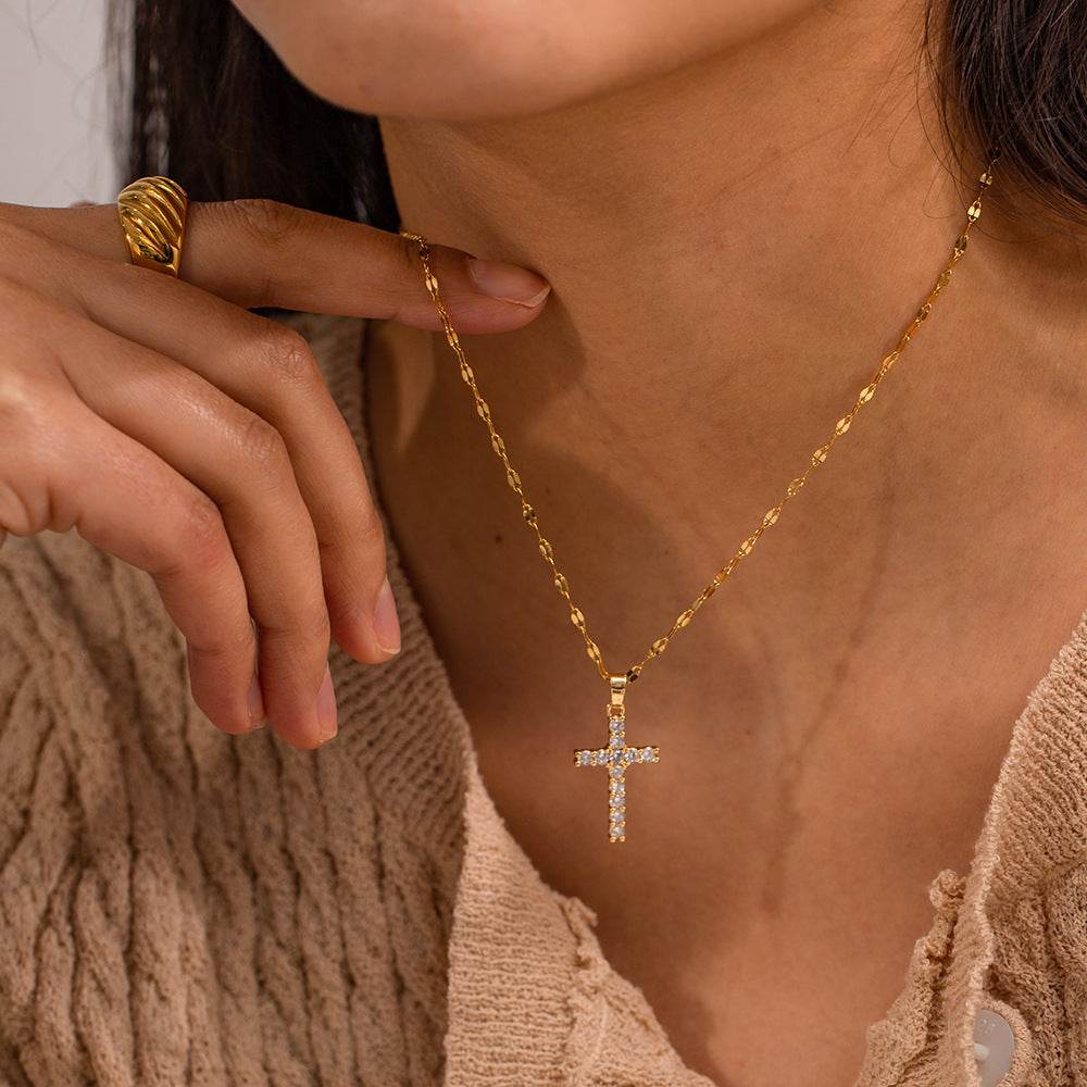 CXL 18K不锈钢镶嵌白锆石十字架吊坠项链不掉色小众饰品 - WhosaleJewelry