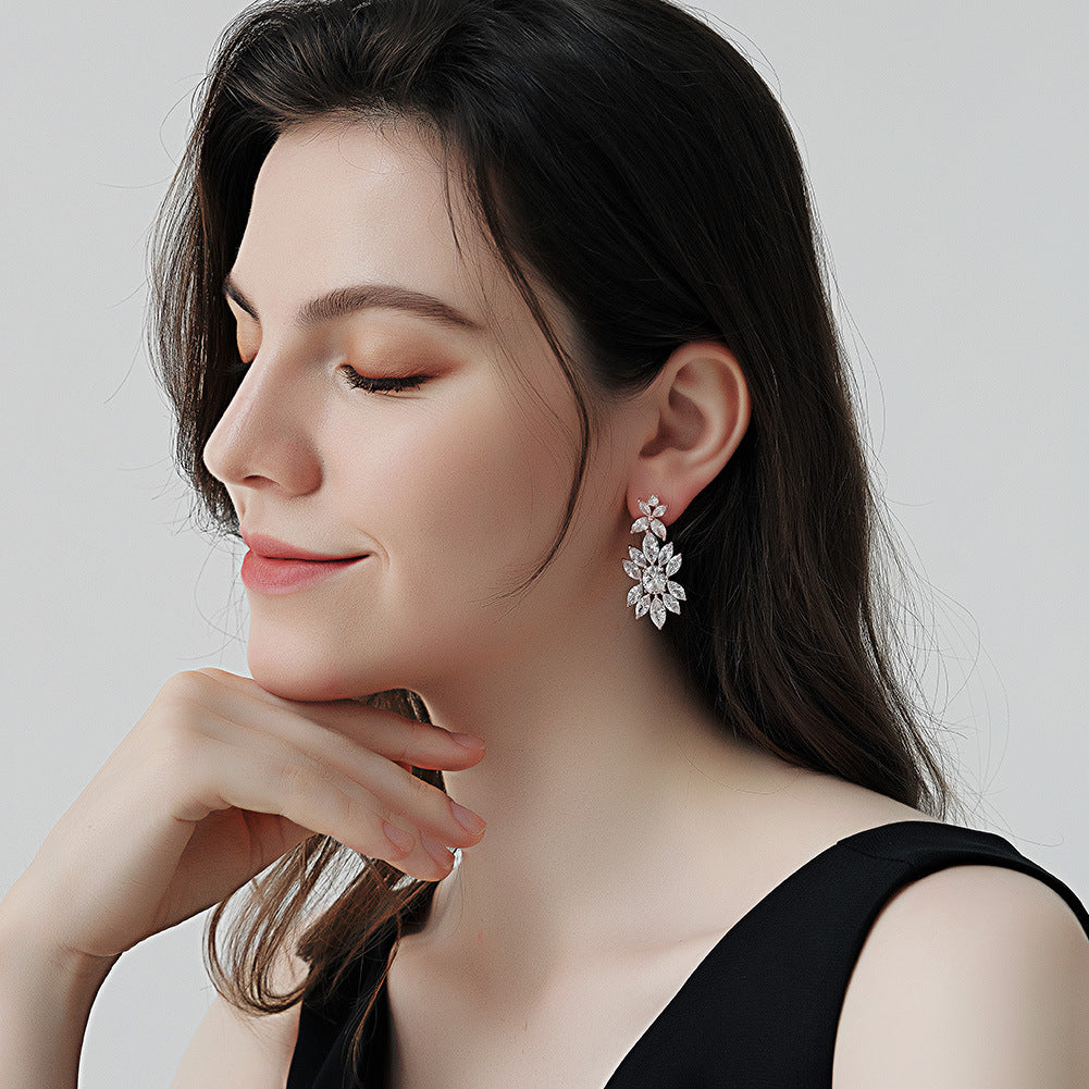 CEH bridal earrings, go out daily versatile earrings, long pearl earrings, light luxury zircon earrings.