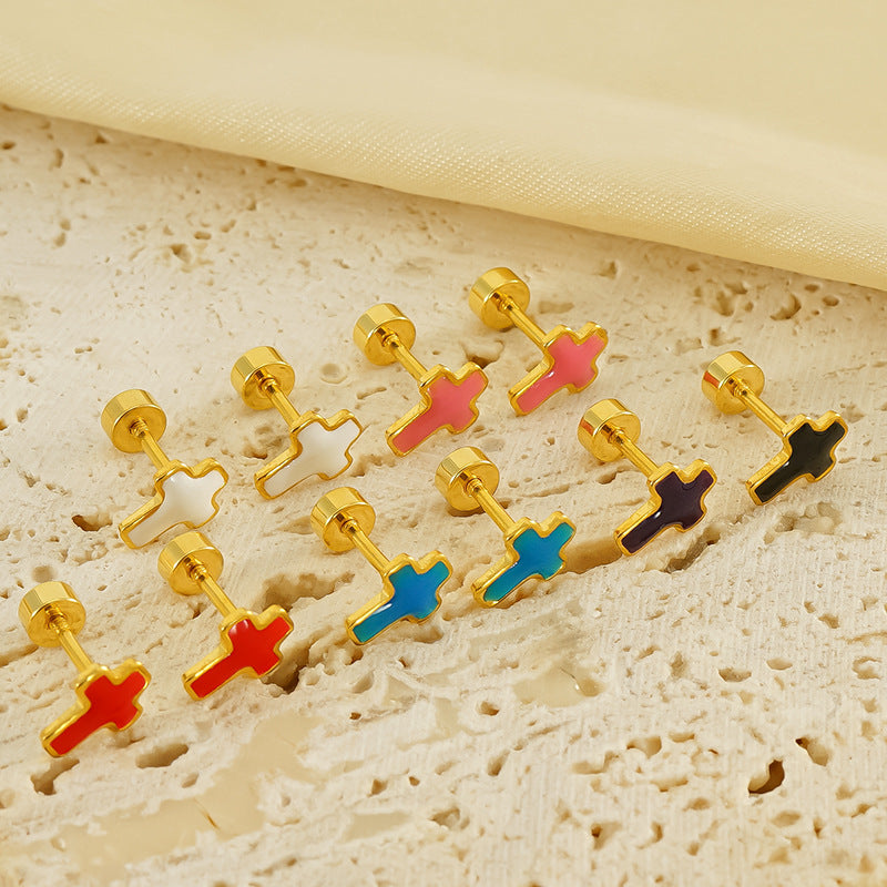 CED Cross Titanium Steel Screw Earbone Nail Female Ins European and American Fashion Style Geometric Drip Oil Earnail