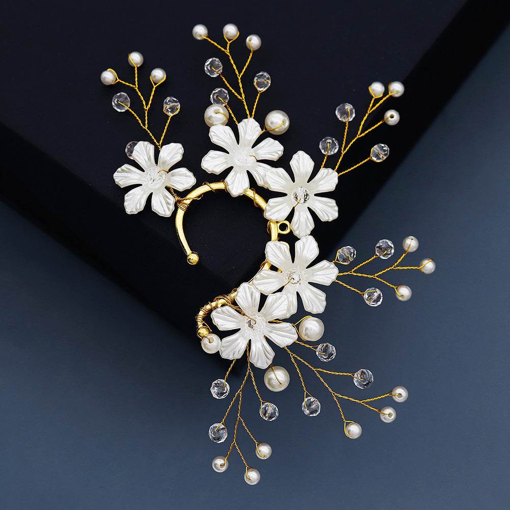 CEH Korean Super Immortal Bridal Earrings Mori Flower Ear Bone Clip Design Temperament Ear Hanging Handmade Pearl Rhinestone Ear Hanging - WhosaleJewelry