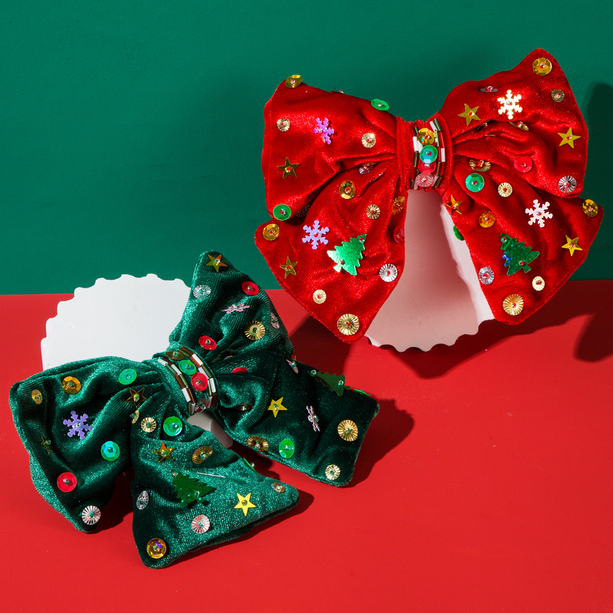 CFQ Christmas flannel bow spring clip hand sewn star snowflake Christmas tree sequins sweet party hairpin