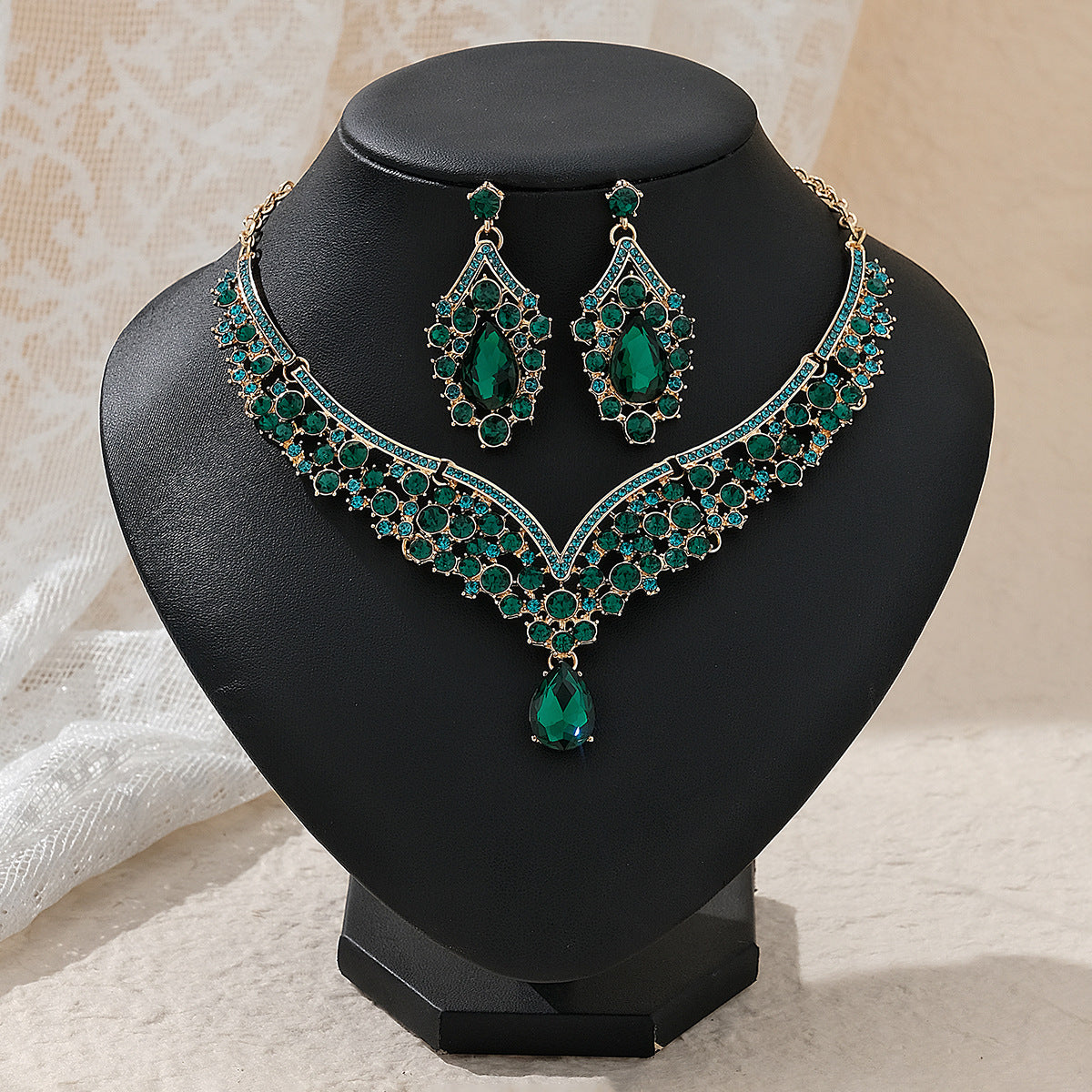 CTZ Bridal Wedding Jewelry Two-piece Wedding Dress Accessories Rhinestone Pearl Earrings Necklace Set Women