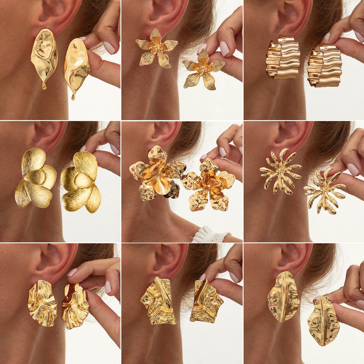 CED wind liquid metal pleated flower stud earrings, design sense leaf petal earrings - WhosaleJewelry