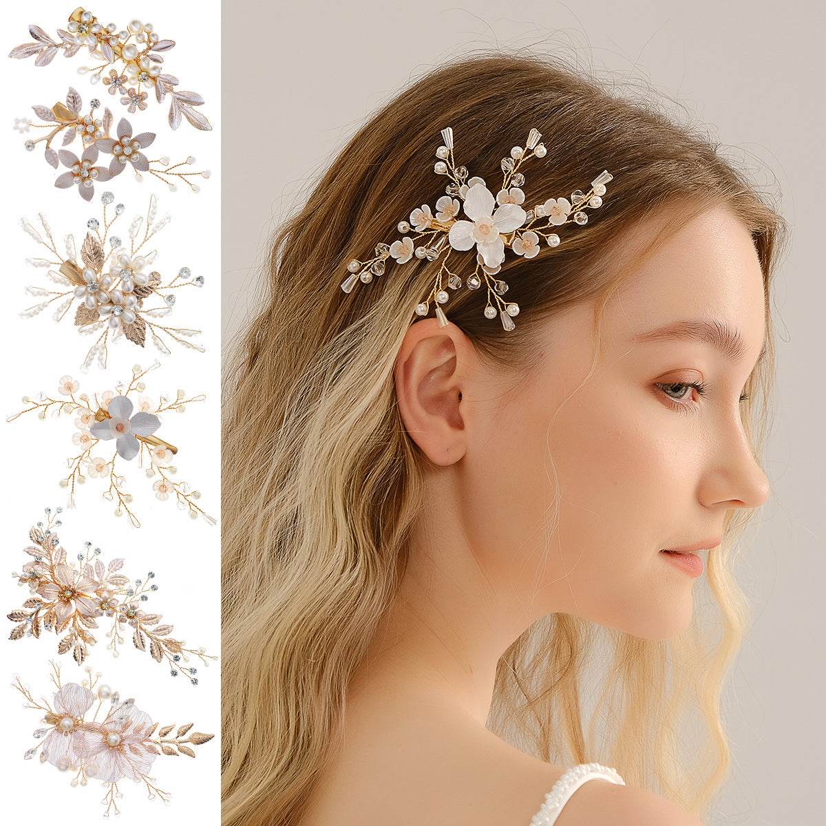 CFQ Bridal Flower Pearl Handmade Hairpin Women's Ball Party Wedding Dinner Headgear Hair Accessories Duck Beak Clip - WhosaleJewelry