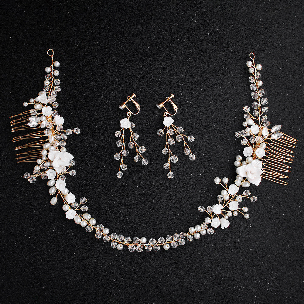 CFQ Korean beautiful plug comb creative bridal jewelry handmade pearl earrings soft pottery flower pair comb wedding dress disc hair headdress