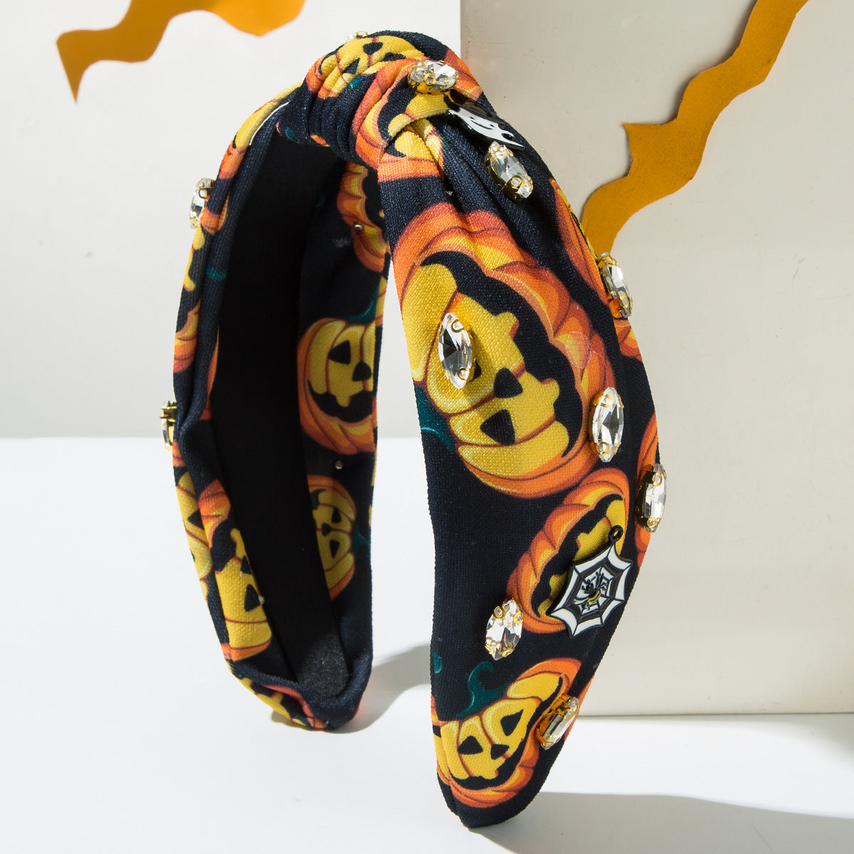 CFG Halloween Printed Spider Web Fabric Hair Accessories Diamond Sticky Pumpkin Demon Accessories Fashion Holiday Headband Women