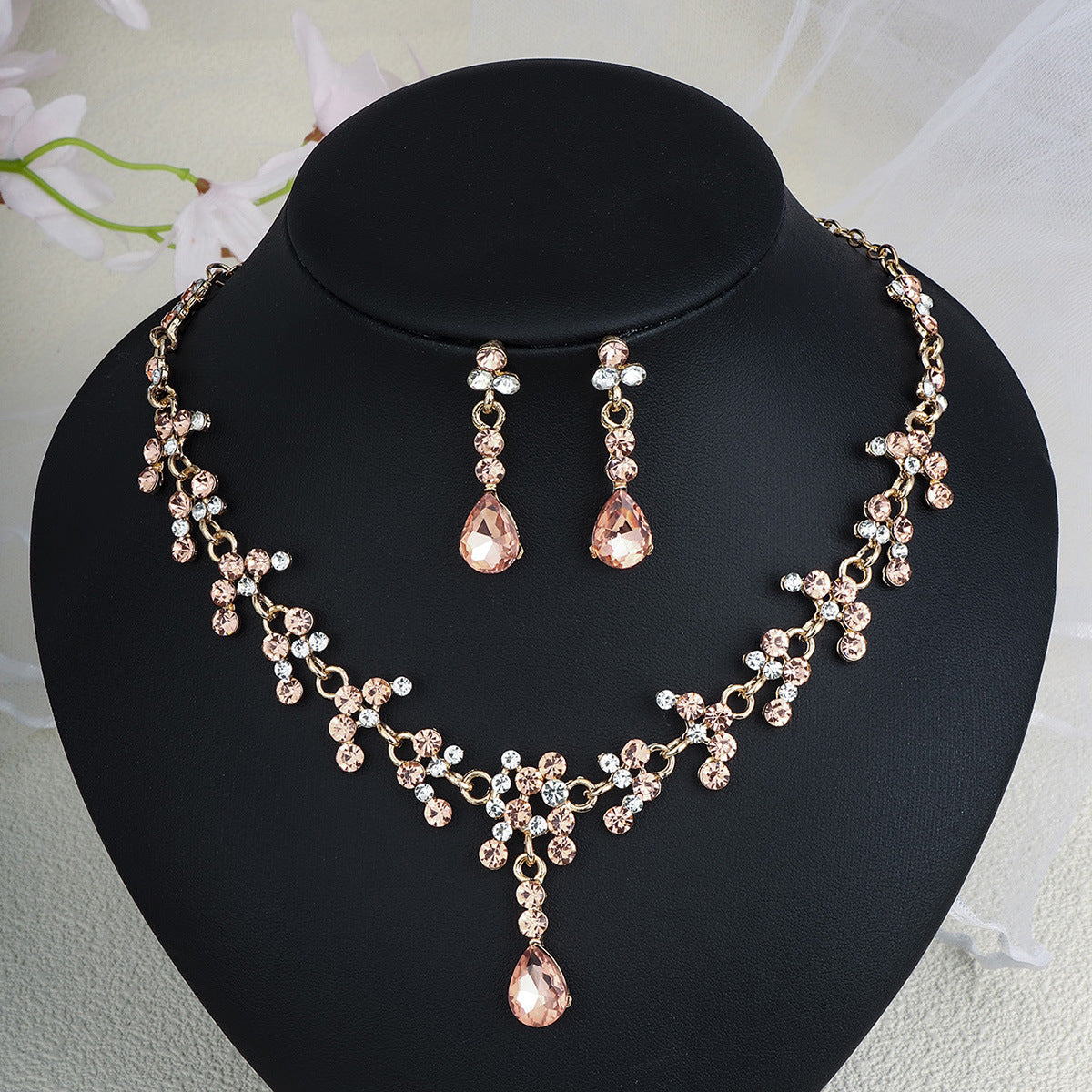 CTZ Bridal Wedding Jewelry Two-piece Wedding Dress Accessories Rhinestone Pearl Earrings Necklace Set Women