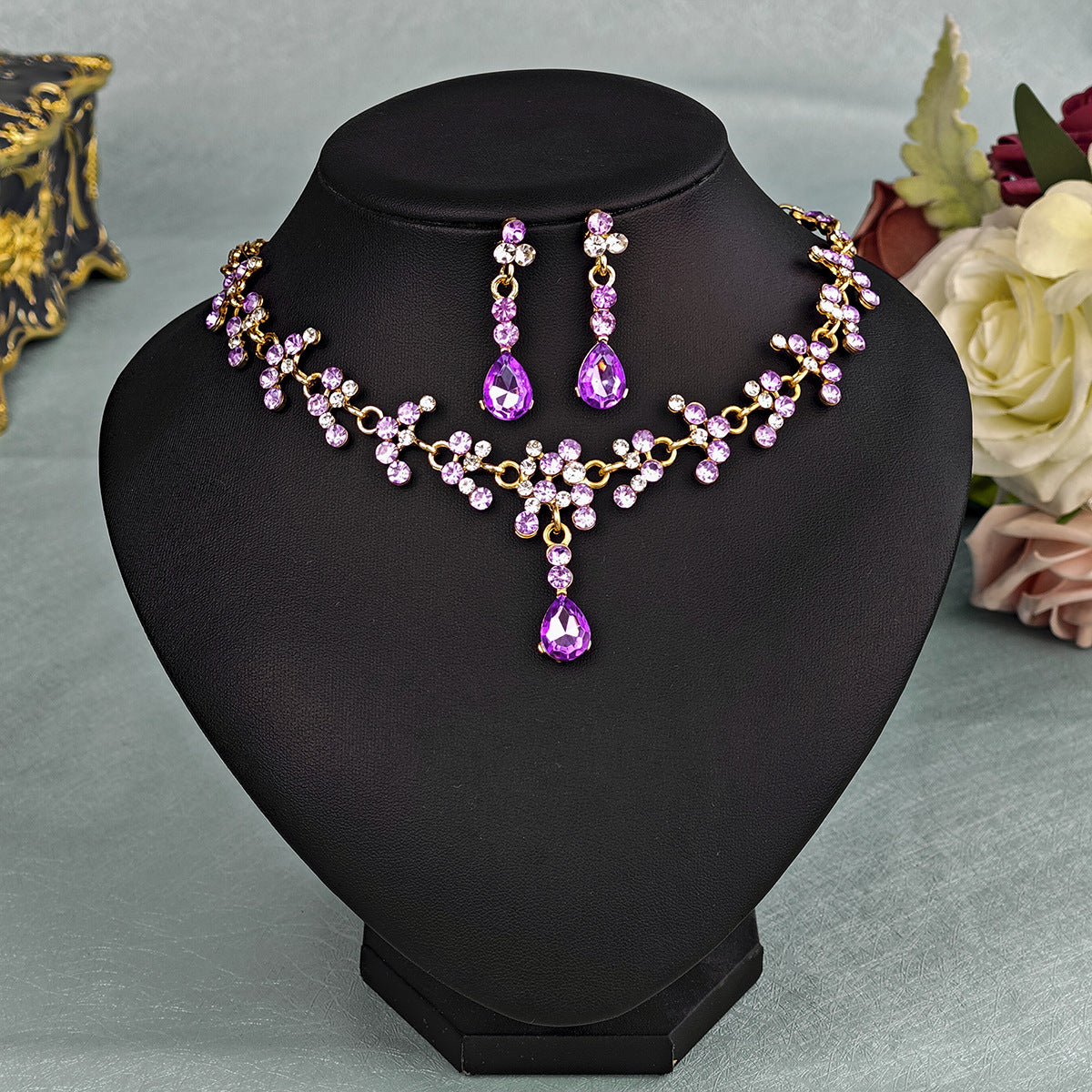 CTZ Bridal Wedding Jewelry Two-piece Wedding Dress Accessories Rhinestone Pearl Earrings Necklace Set Women