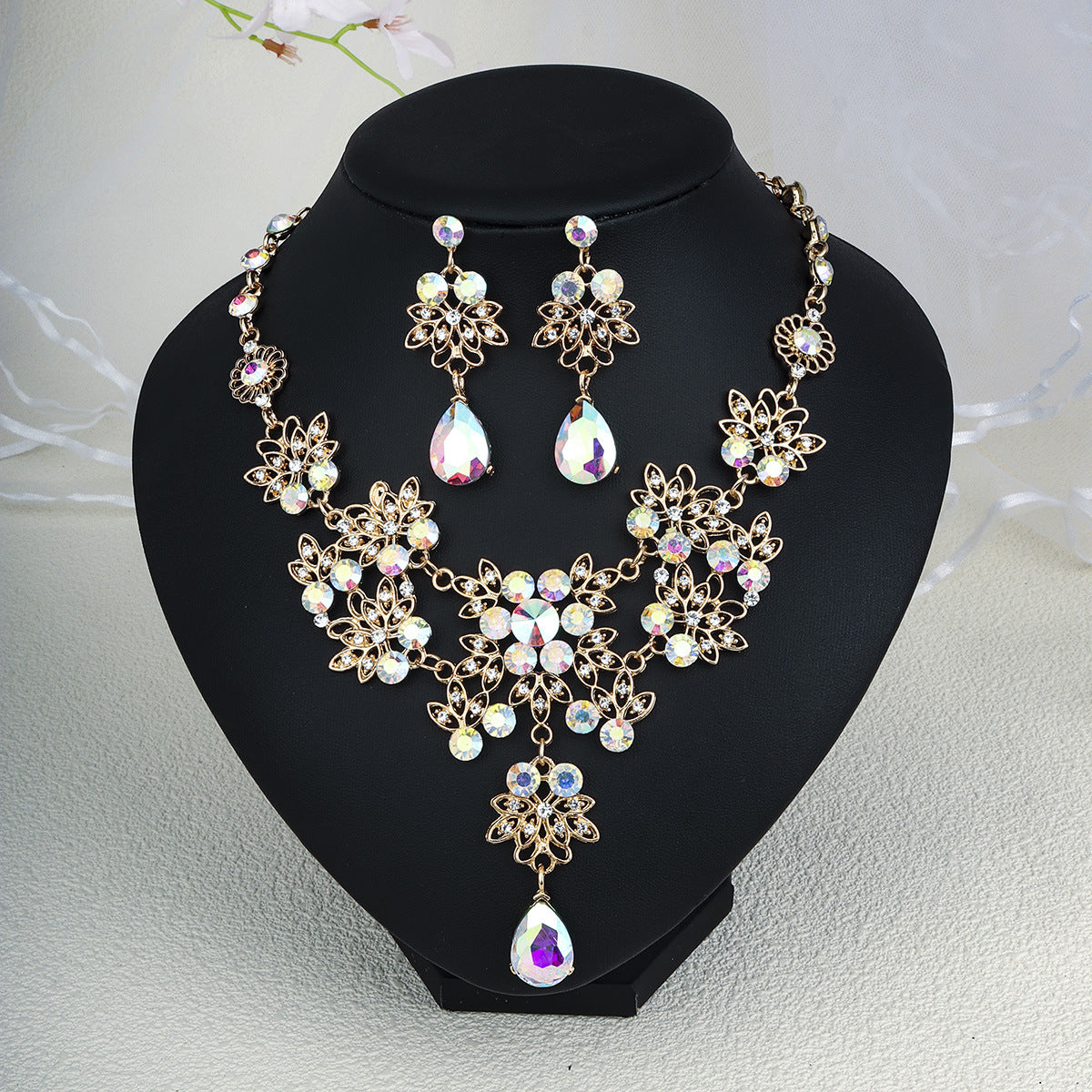 CTZ Bridal Wedding Jewelry Two-piece Wedding Dress Accessories Rhinestone Pearl Earrings Necklace Set Women