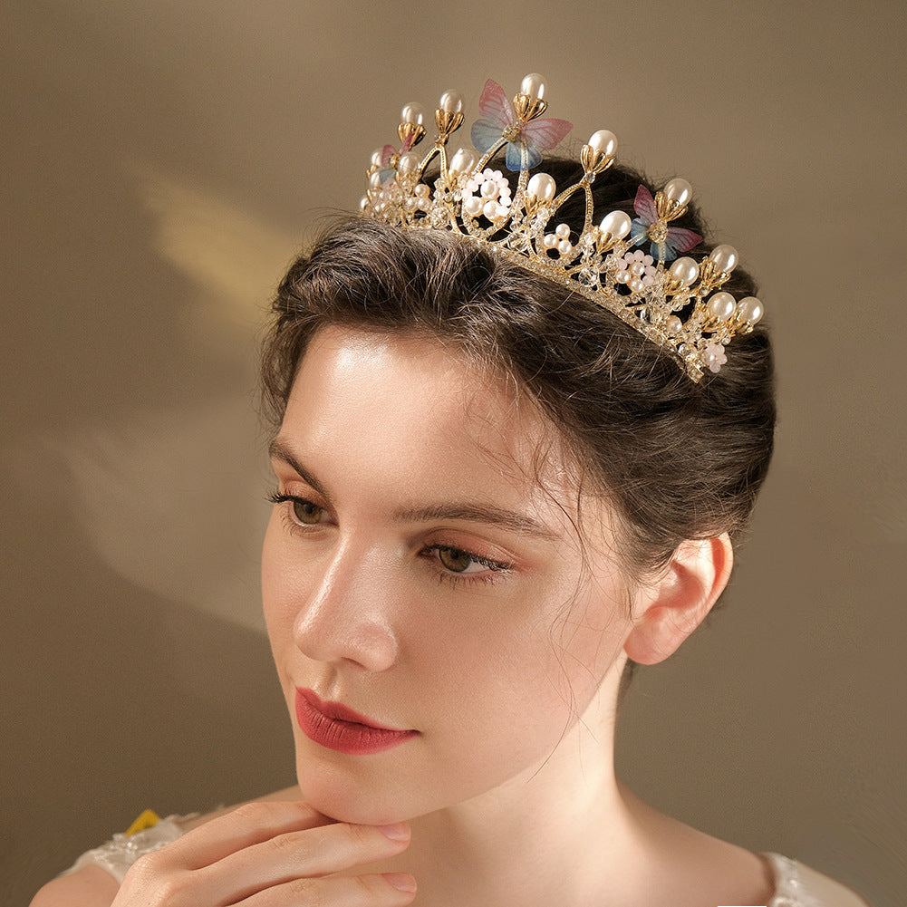 CFG Korean Super Fairy Bridal Headgear Pearl Butterfly Headband Crown Wedding Birthday Ball Party Accessories Queen Crown