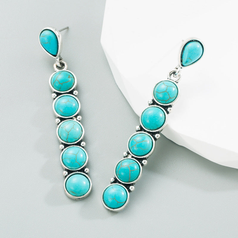 CEH Hot Sale Turquoise Earrings Women's Ethnic Style Ancient Silver Round Stone Creative Long Banquet Earrings