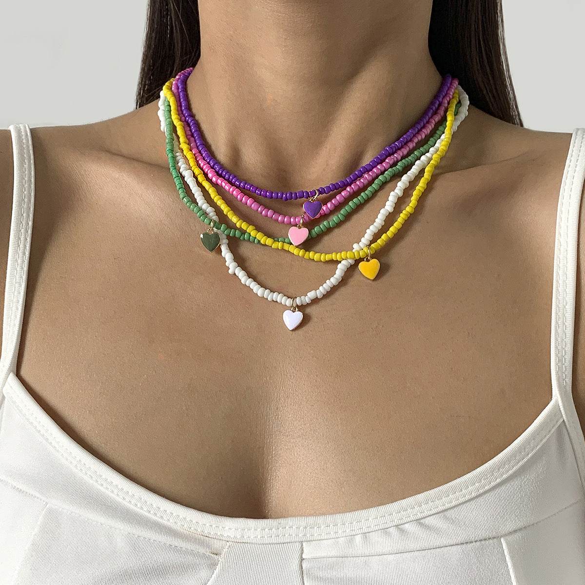 CST retro colored rice bead beaded necklace women can wear sweet and cool wind dripping oil heart pendant collarbone necklace - WhosaleJewelry