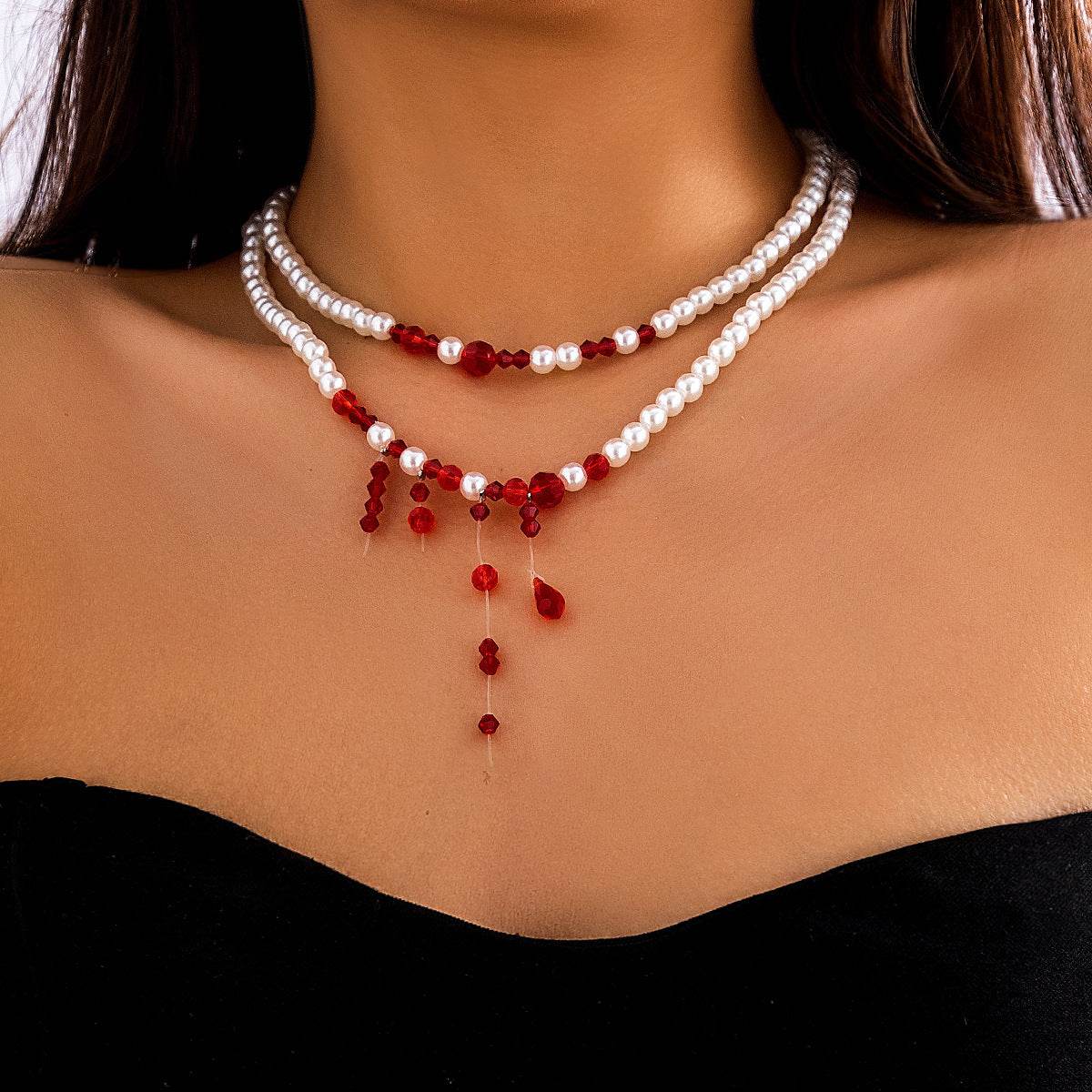 CTZ gothic pearl necklace choker creative halloween blood trickle collarbone necklace - WhosaleJewelry