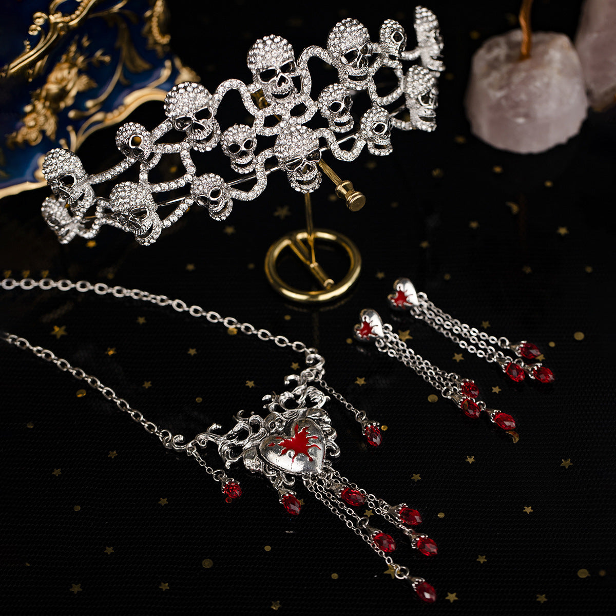 CFG Halloween Crown Set Exaggerated Red Love Rhinestone Fringed Earrings Necklace Three-piece Set