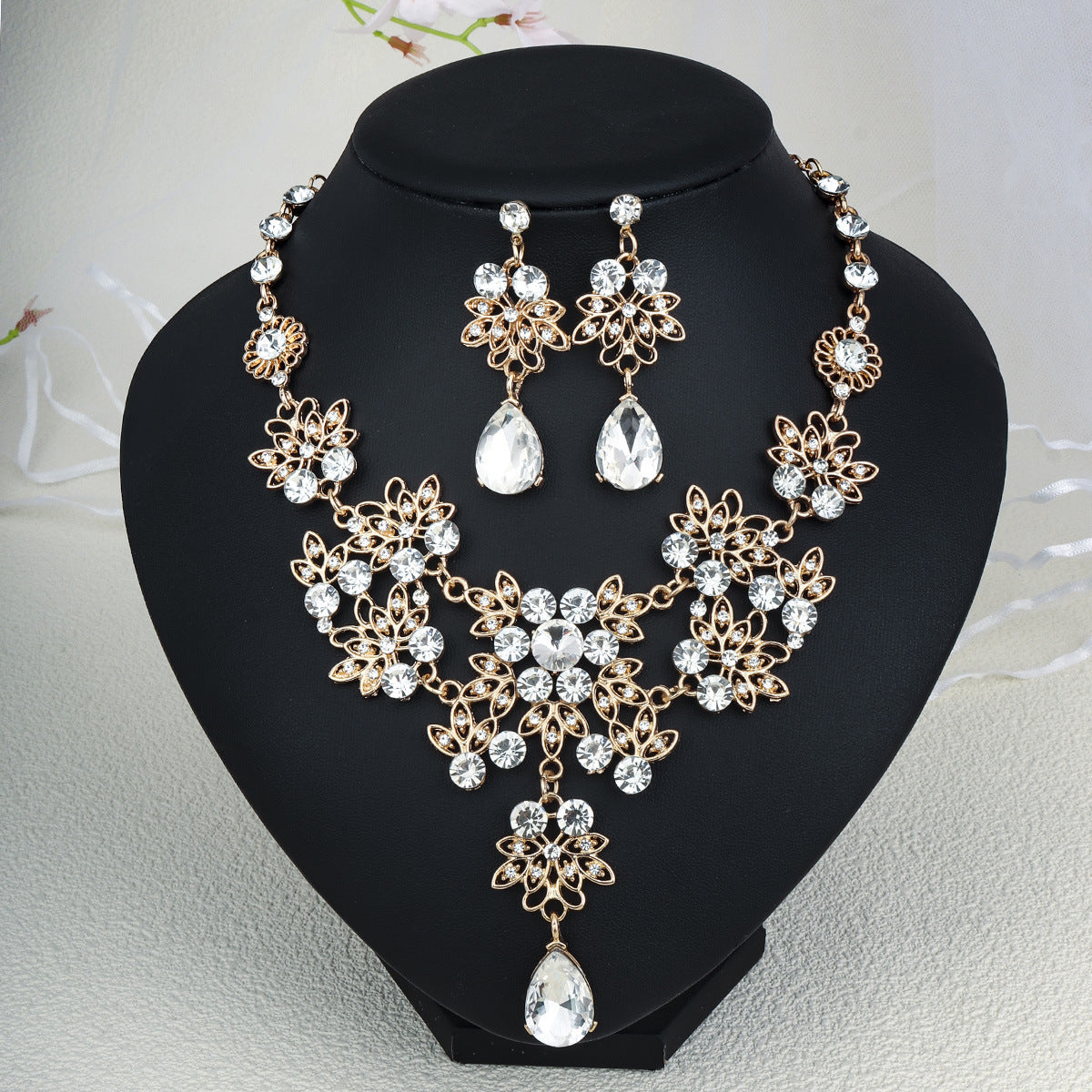 CTZ Bridal Wedding Jewelry Two-piece Wedding Dress Accessories Rhinestone Pearl Earrings Necklace Set Women