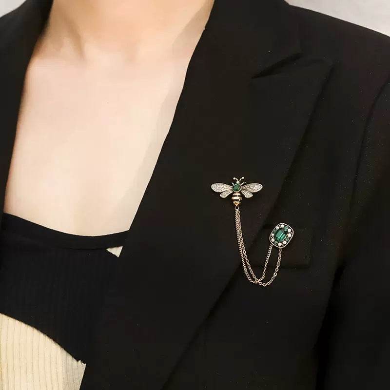 CXZ retro bee chain brooch insect dripping rhinestone corsage set chain clothing high-end high-end accessories women's pin - WhosaleJewelry