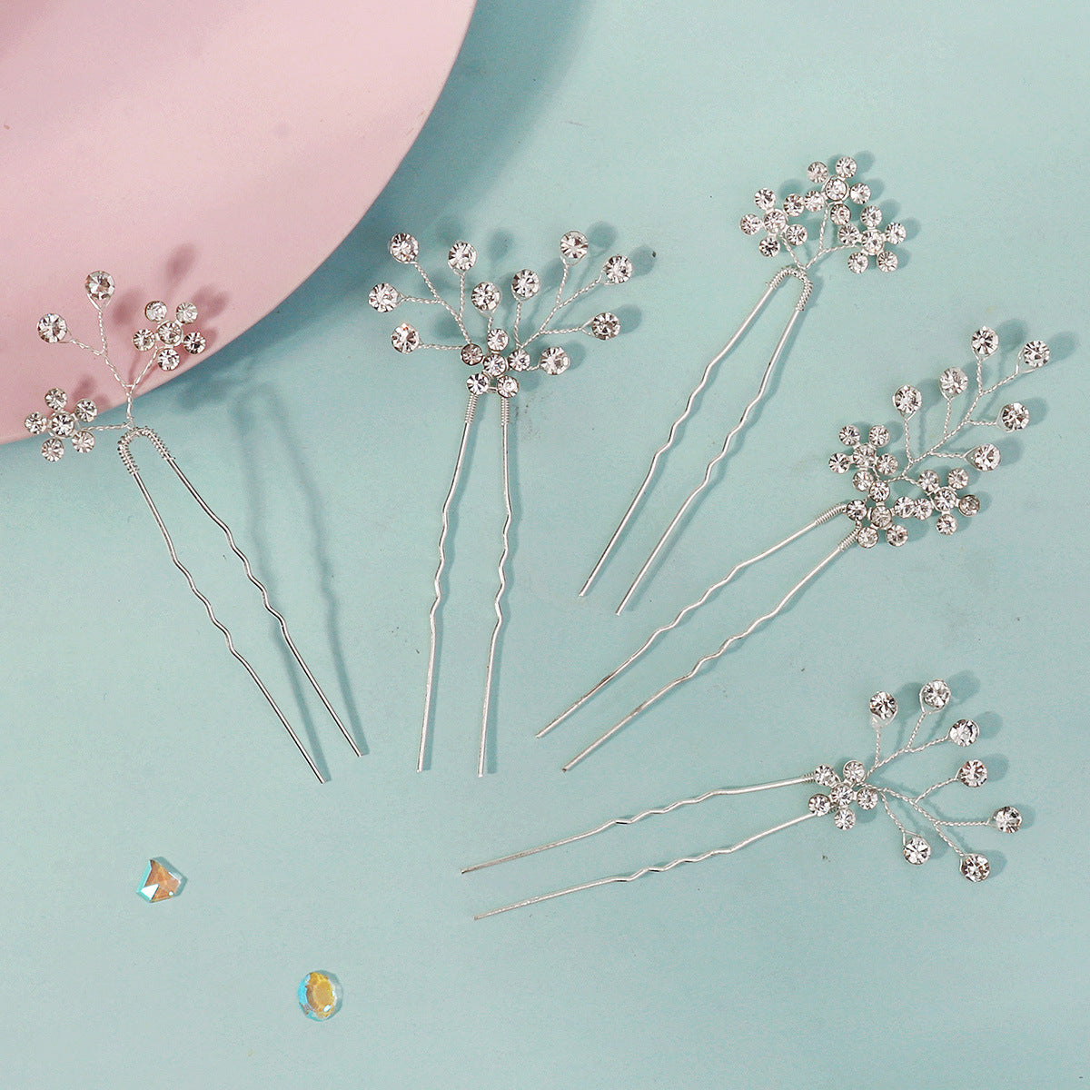 CFQ Bridal Hairpin Five-pack Simple Versatile Diamond Plum Blossom U-Shaped Hairpin Wedding Follow Makeup Disc Hair Hairpin