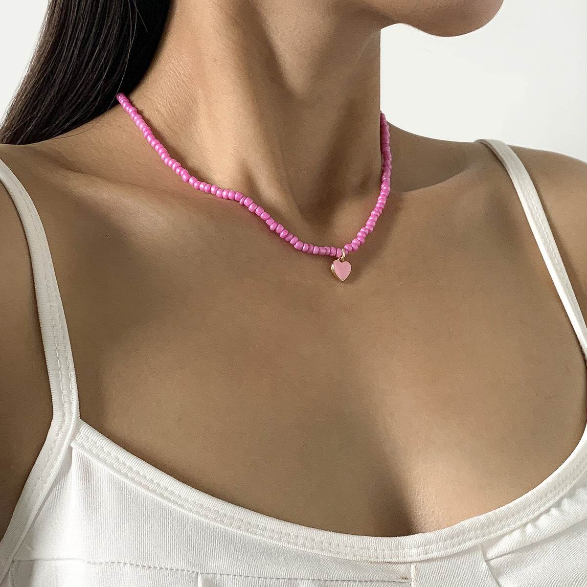 CST retro colored rice bead beaded necklace women can wear sweet and cool wind dripping oil heart pendant collarbone necklace - WhosaleJewelry