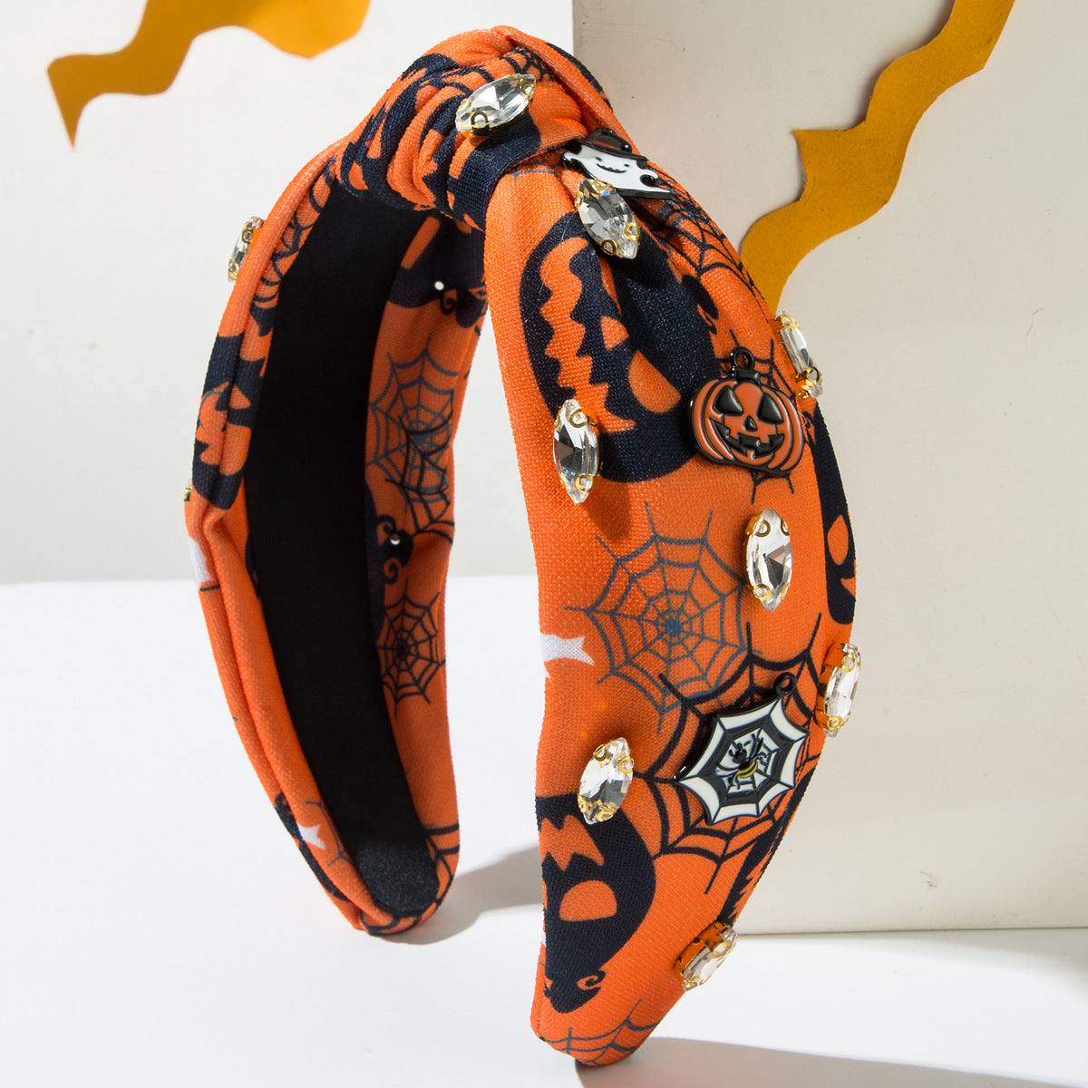 CFG Halloween Printed Spider Web Fabric Hair Accessories Diamond Sticky Pumpkin Demon Accessories Fashion Holiday Headband Women