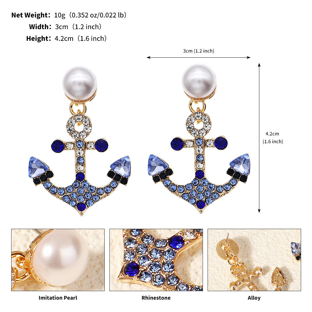 CEH Fashion Earrings Ocean Wind Blue Rhinestone Bridal Earrings Personality Versatile Anchor Earrings Women