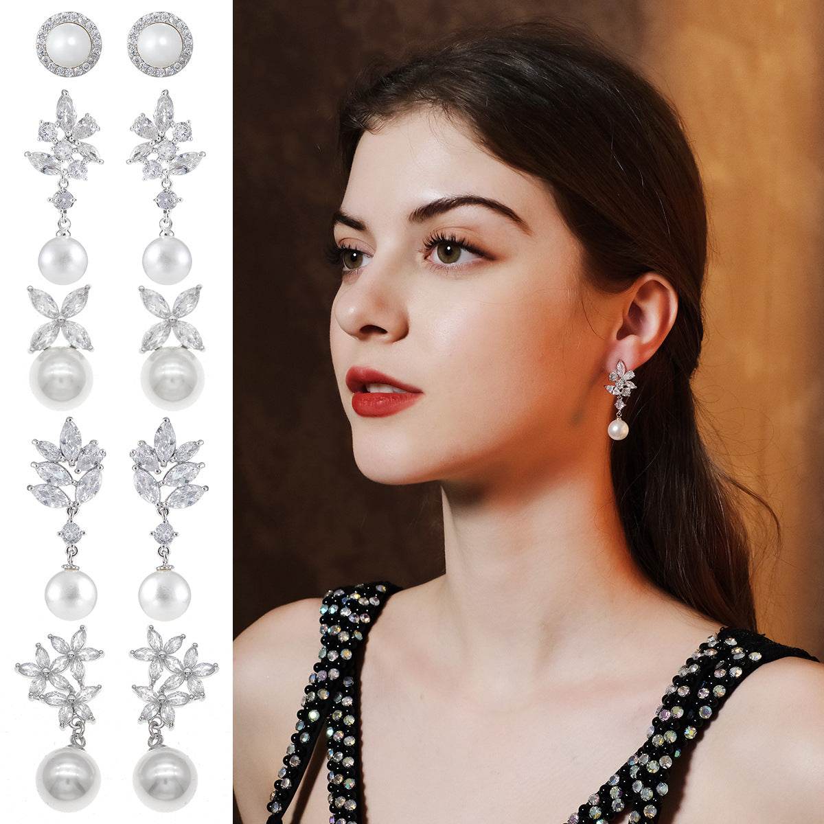 CEH Fashion Versatile Zircon Stud Earrings High Sense Ball Party Earrings Bridal Wedding Pearl Earrings Women - WhosaleJewelry